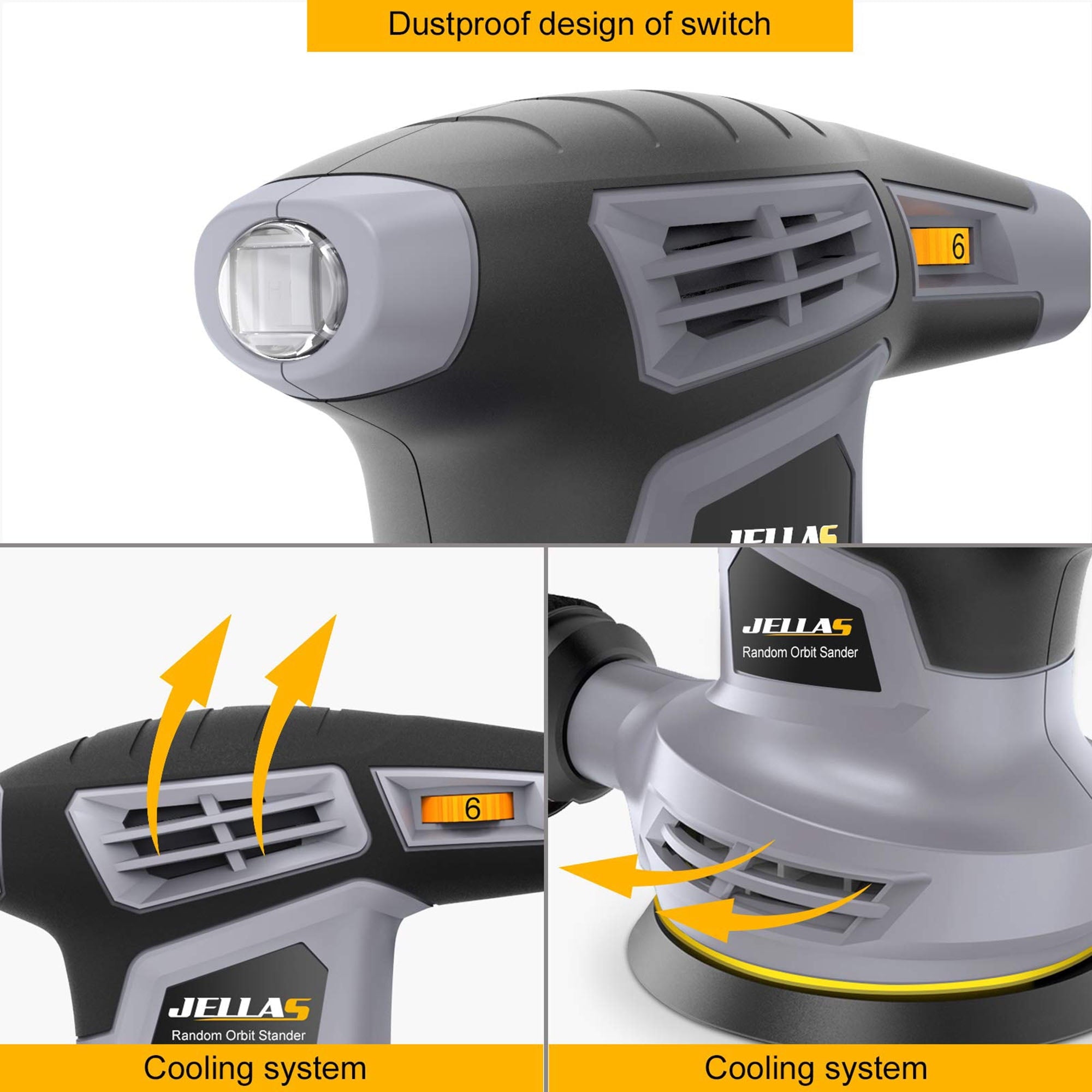 Jellas 5-Inch Random Orbital Sander with 17Pcs Sandpapers, 13000RPM 6 Variable Speed Sanders for Wood, High Performance Dust Collection System for Woodworking, 2.5A, Dust Collection Bag Include