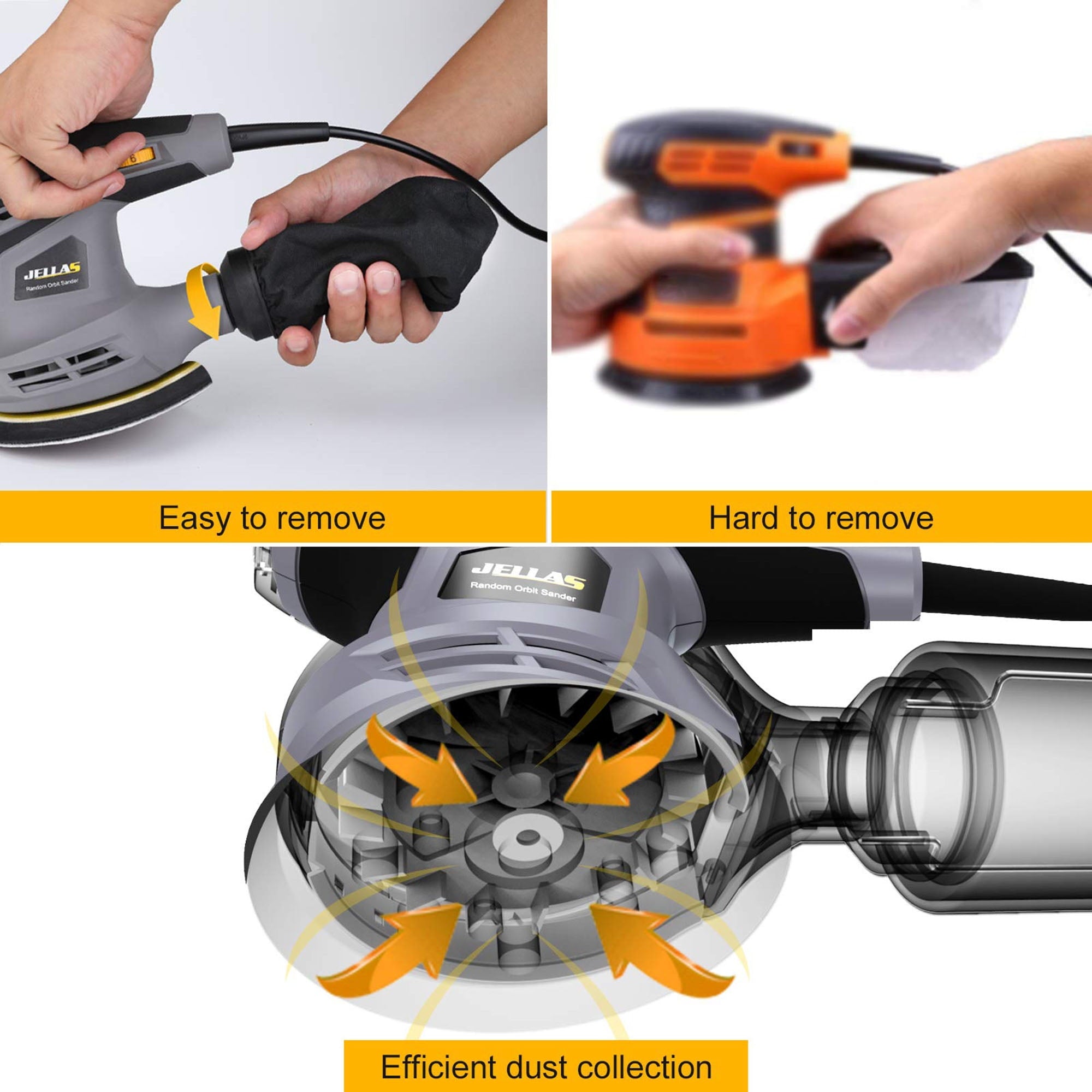 Jellas 5-Inch Random Orbital Sander with 17Pcs Sandpapers, 13000RPM 6 Variable Speed Sanders for Wood, High Performance Dust Collection System for Woodworking, 2.5A, Dust Collection Bag Include