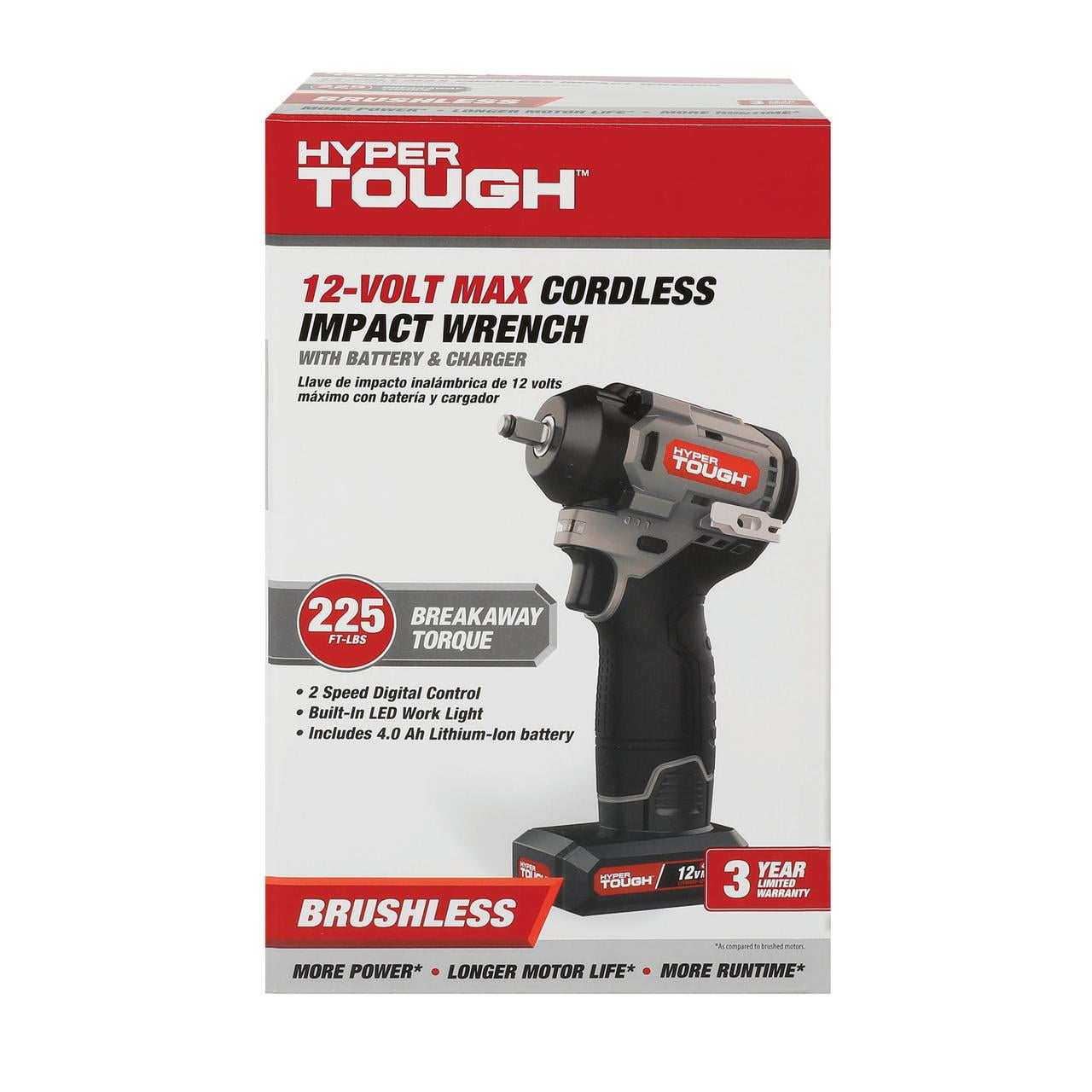 Hyper Tough 12V Max Cordless Brushless Impact Wrench with 4.0Ah Lithium-Ion Battery and Charger, 225 ft-lbs Torque