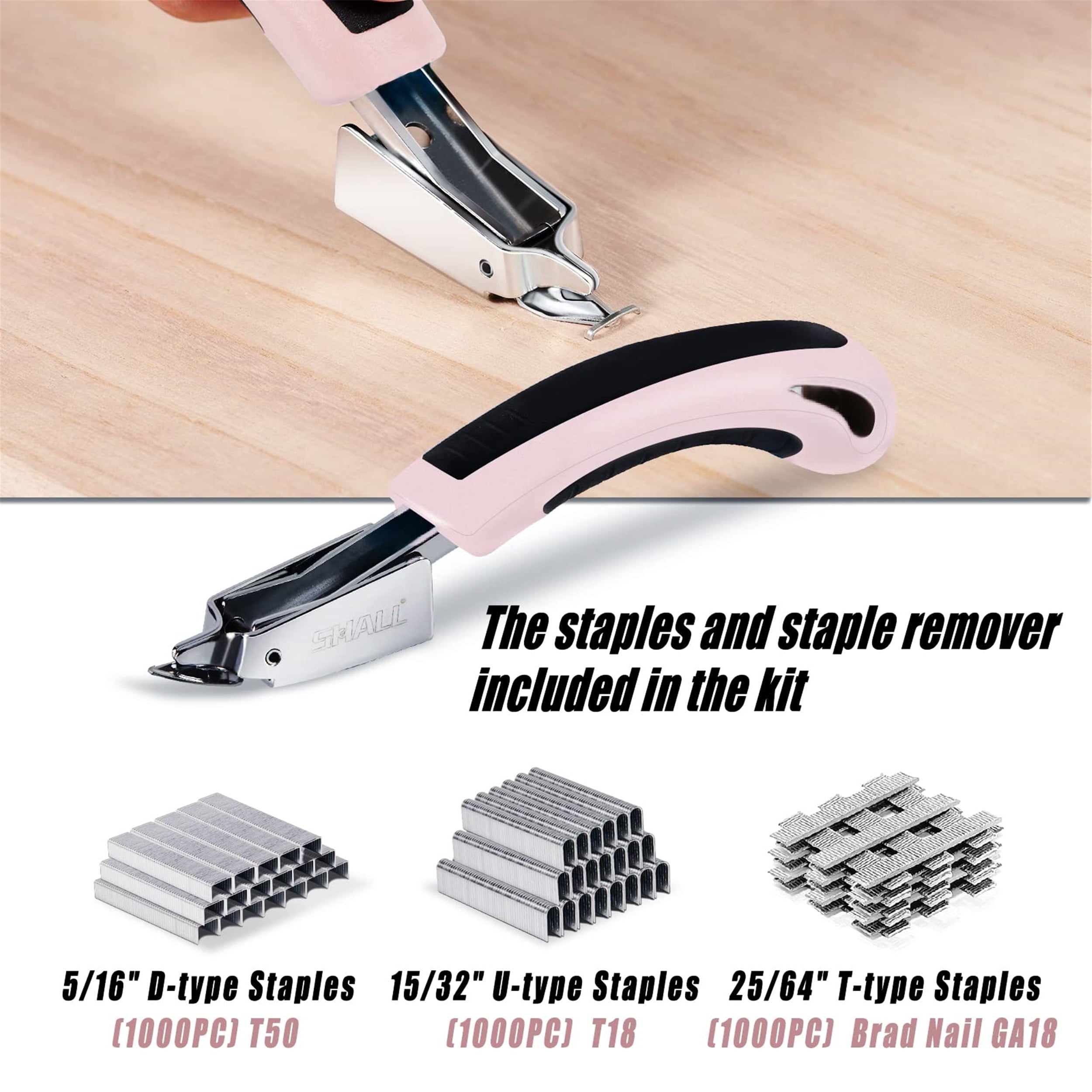 SHALL Staple Gun Heavy Duty, 3-in-1 Upholstery Staple Gun Kit with 3000 Staples, Staple Remover, Manual Brad Nailer with Specific Staples Outlet Position Indicator Pink