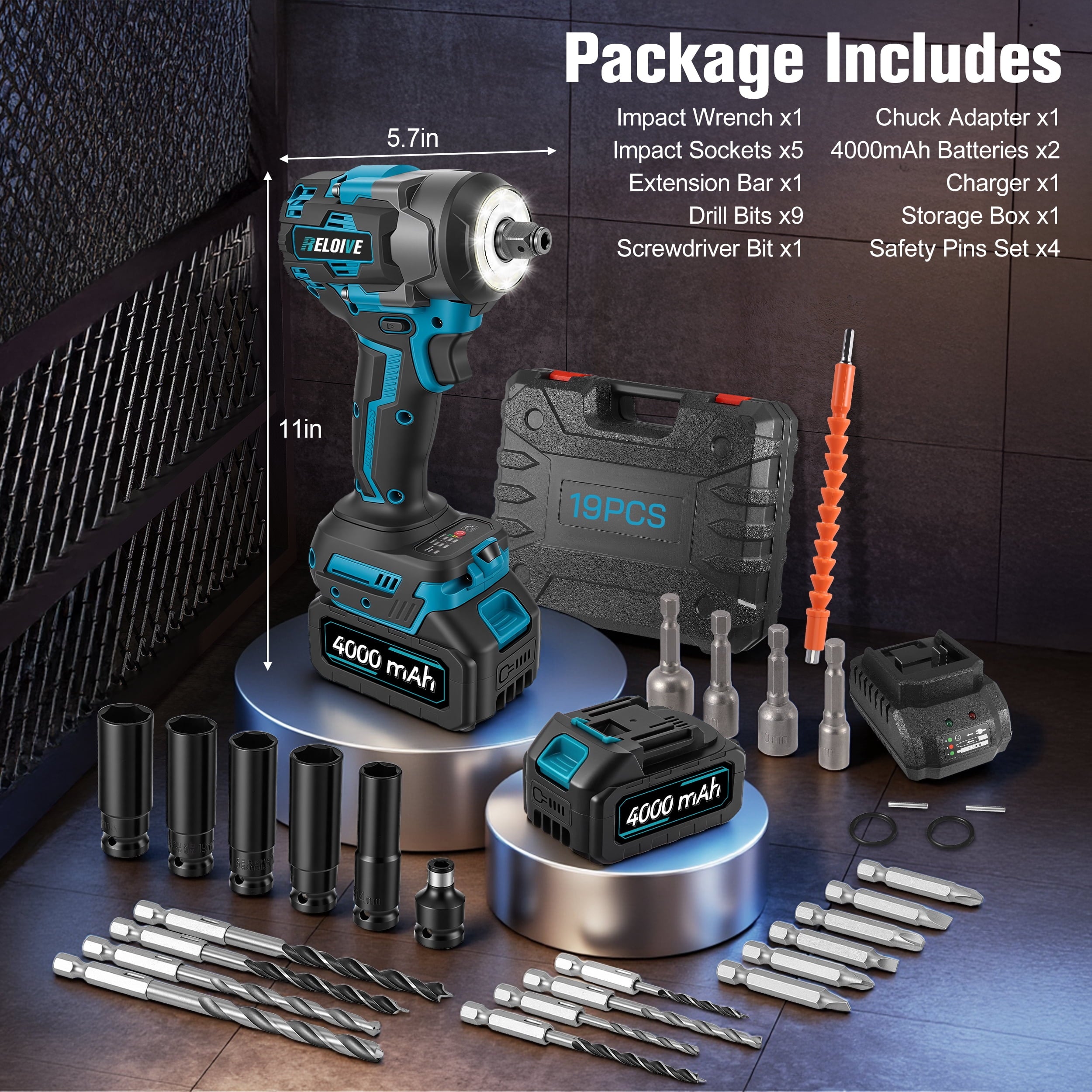 RELOIVE Cordless Impact Wrench Kit,663.8 FT-lbs(900N.m) Max Torque,1/2 Heavy-Duty Brushless Motor,4-IN-1 Electric Impact Driver,2 x 4.0Ah Batteries for Car Home Repair