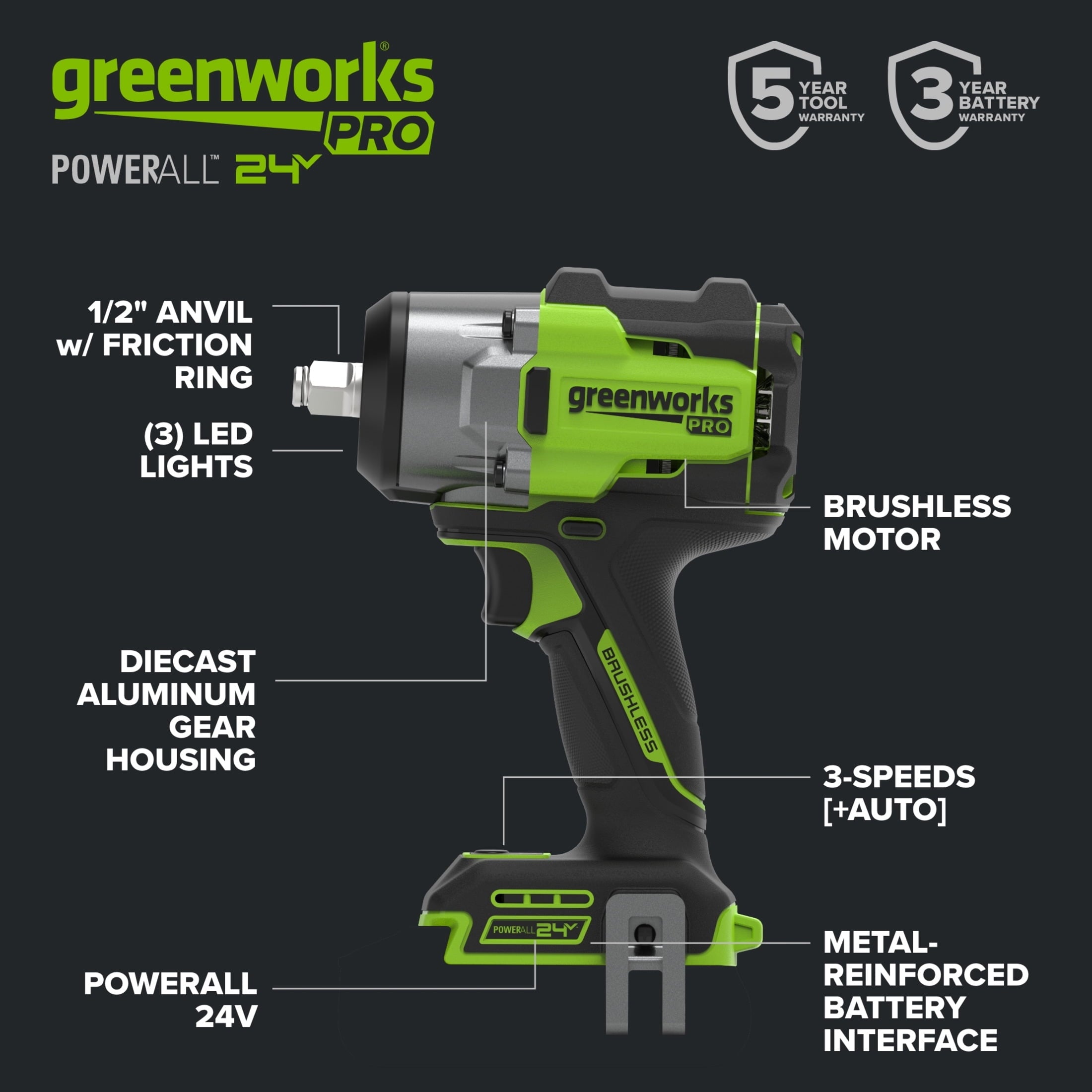 Greenworks Pro PowerAll 24V Brushless 1/2 750 lbs Breaking Impact Wrench, Tool Only, IW5800A3