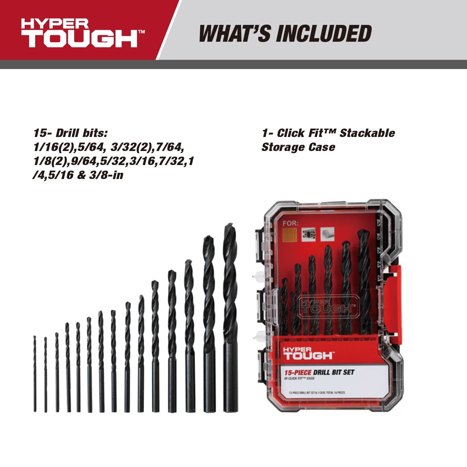 Hyper Tough 15-Piece Black Oxide Drill Bit Set in Click Fit Case