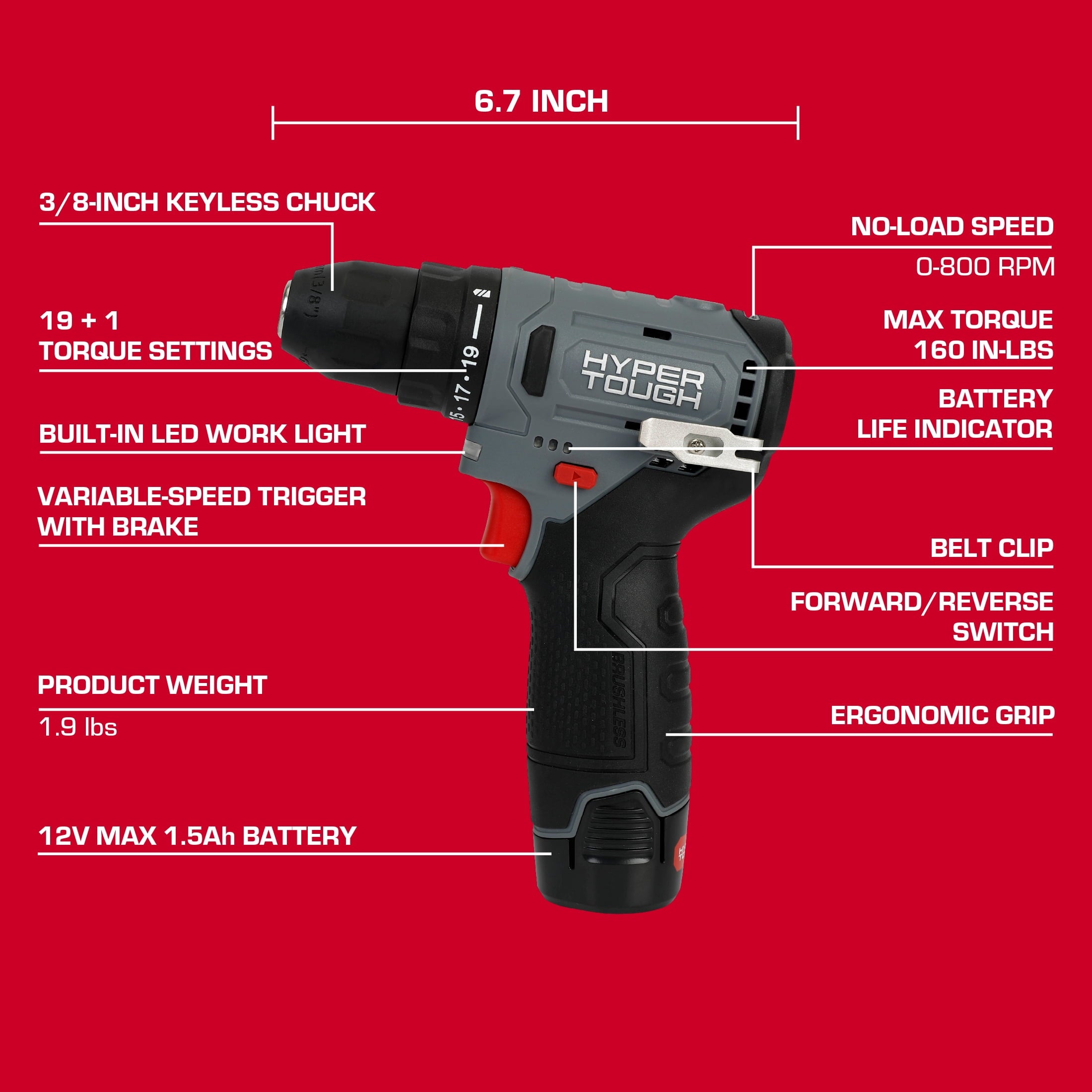 Hyper Tough 12V Brushless Cordless Drill Driver with 1.5Ah Battery