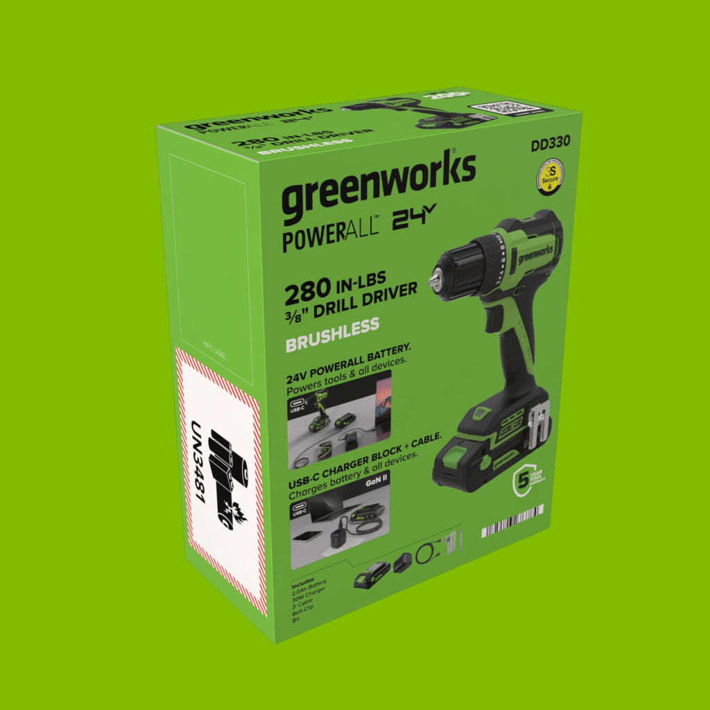 Greenworks PowerAll 24V Brushless 3/8 280 in-lb Drill with 2Ah USB-C Battery, 30W Charger and Cable, DD330A1