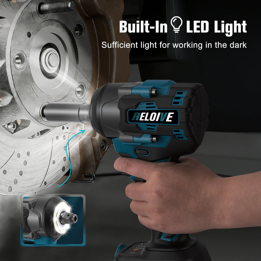 RELOIVE Cordless Impact Wrench Kit,663.8 FT-lbs(900N.m) Max Torque,1/2 Heavy-Duty Brushless Motor,4-IN-1 Electric Impact Driver,2 x 4.0Ah Batteries for Car Home Repair