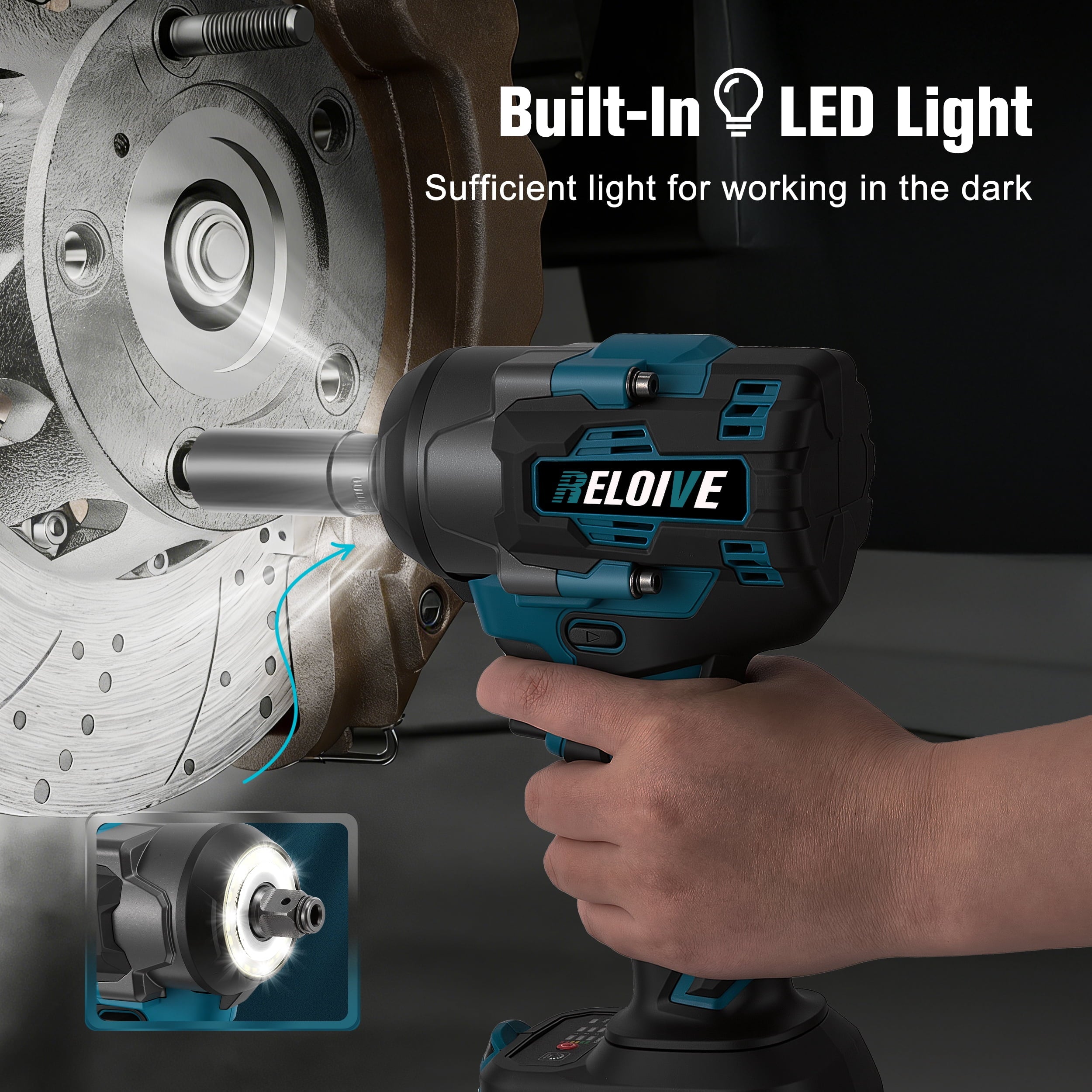 RELOIVE Cordless Impact Wrench Kit,663.8 FT-lbs(900N.m) Max Torque,1/2 Heavy-Duty Brushless Motor,4-IN-1 Electric Impact Driver,2 x 4.0Ah Batteries for Car Home Repair