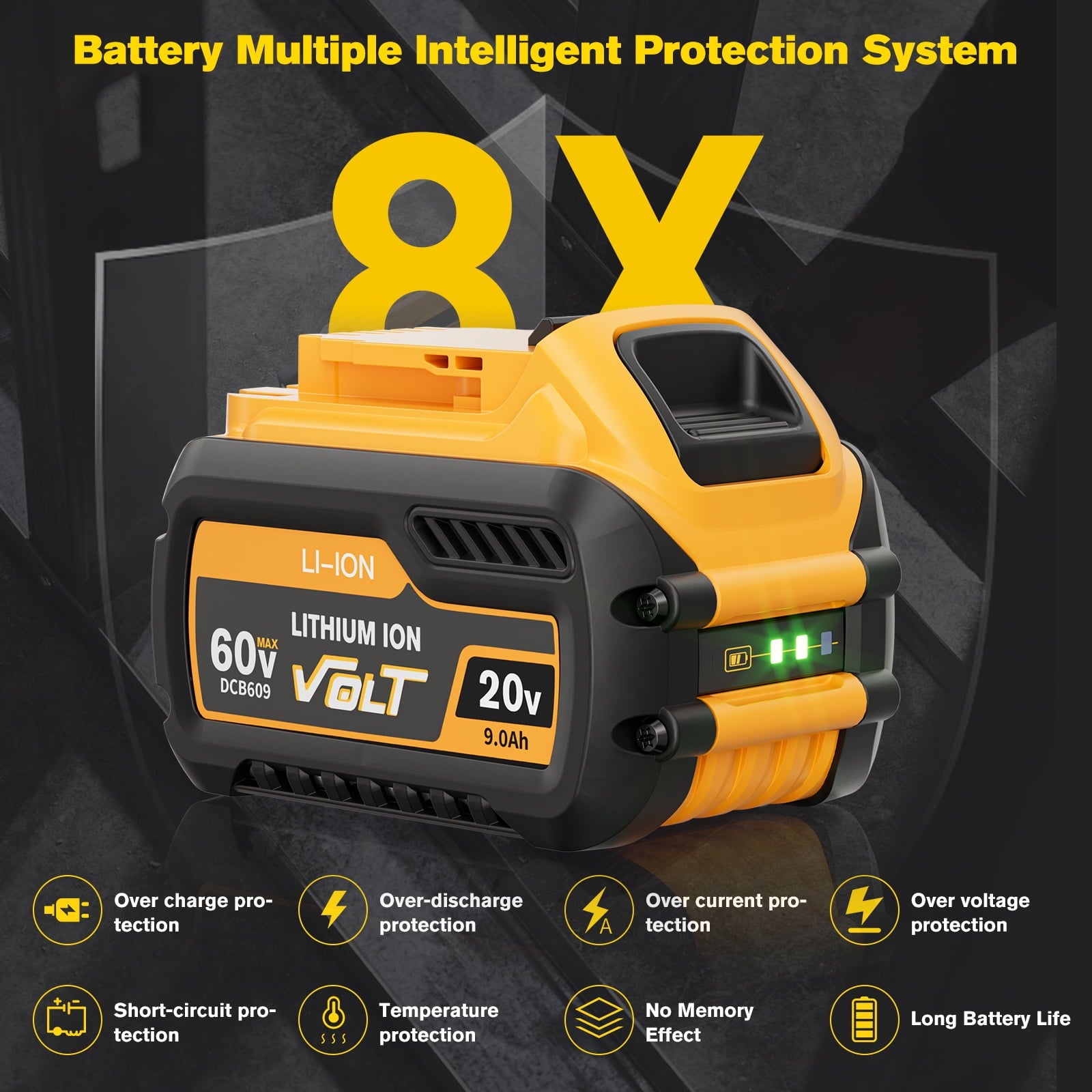 2 Pack 20v/60v 9Ah DCB606-2 DCB609-2 Battery for Dewalt 20v 60v Max 9Ah DCB609 6Ah DCB606 Flexvolt Battery 20V Max XR 8Ah DCB208-2 6Ah DCB206-2 5Ah DCB205-2 4Ah  Lithium-ion Battery with 1 Charger