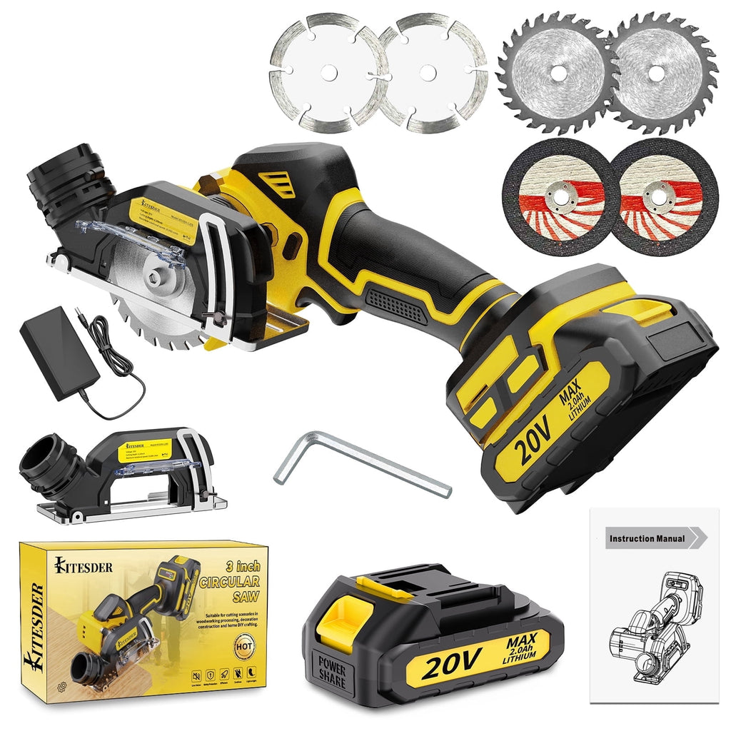 20V 3 Mini Cordless Circular Saw with Battery & Charger, 25000RPM, Blade Guard Included, Cuts Tile Wood Metal Plastic, for DIY & Construction, Local Warehouse Shipping