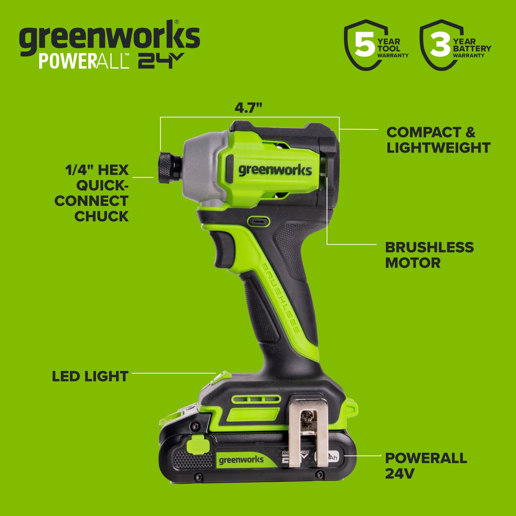 Greenworks PowerAll 24V Brushless 300 in-lbs Drill Driver + Impact Driver, (2) 2Ah Batteries, 30W Charger and Cable, 2 Belt Clips and 2 bits and Bag, CK326A2