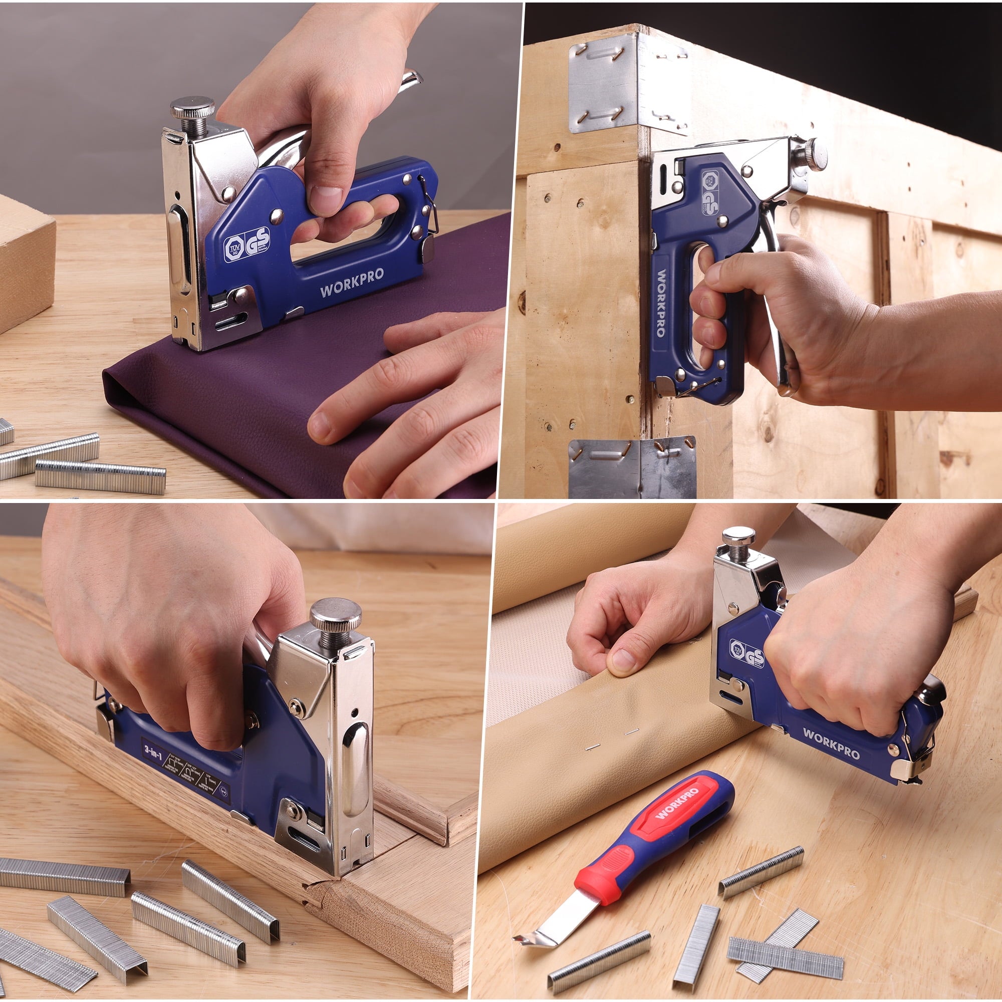 WORKPRO 3-in-1 Staple Gun Kit with 1500 Staples & Remover, Compatible with T50, U-Type, Brad Nails – Heavy Duty Manual Stapler for Upholstery & DIY
