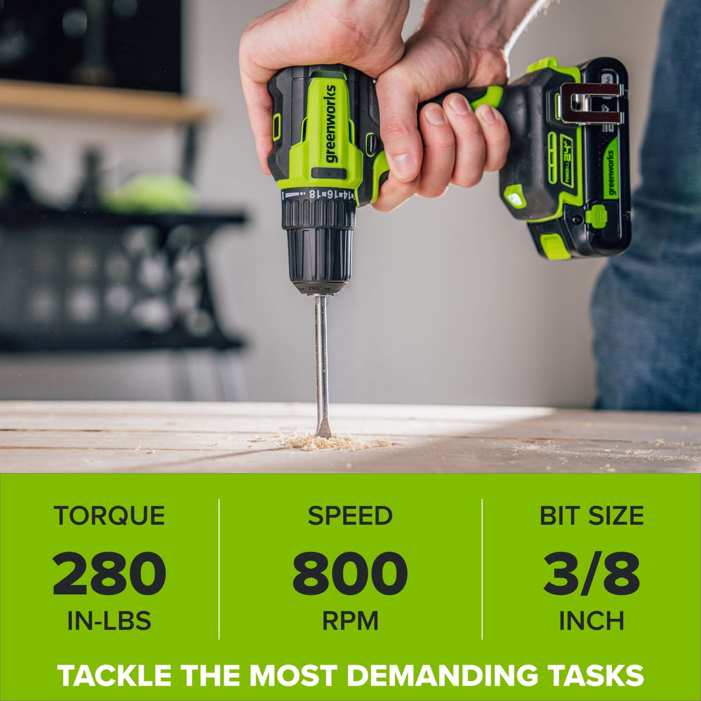 Greenworks PowerAll 24V Brushless 3/8 Drill Driver with 2Ah Battery and Hand Tools, PK301A1