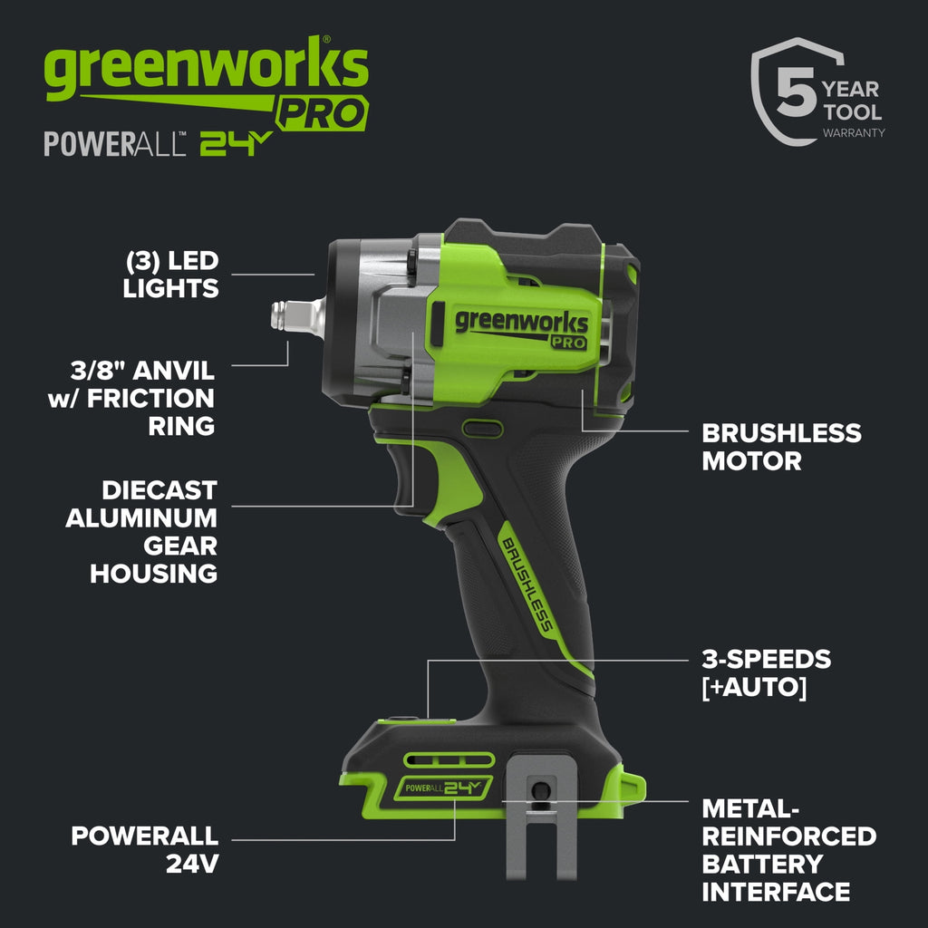 Greenworks Pro PowerAll 24V Brushless 400 ft-lb Breakaway Torque 3/8 Impact Wrench, Tool Only, IW5370A1