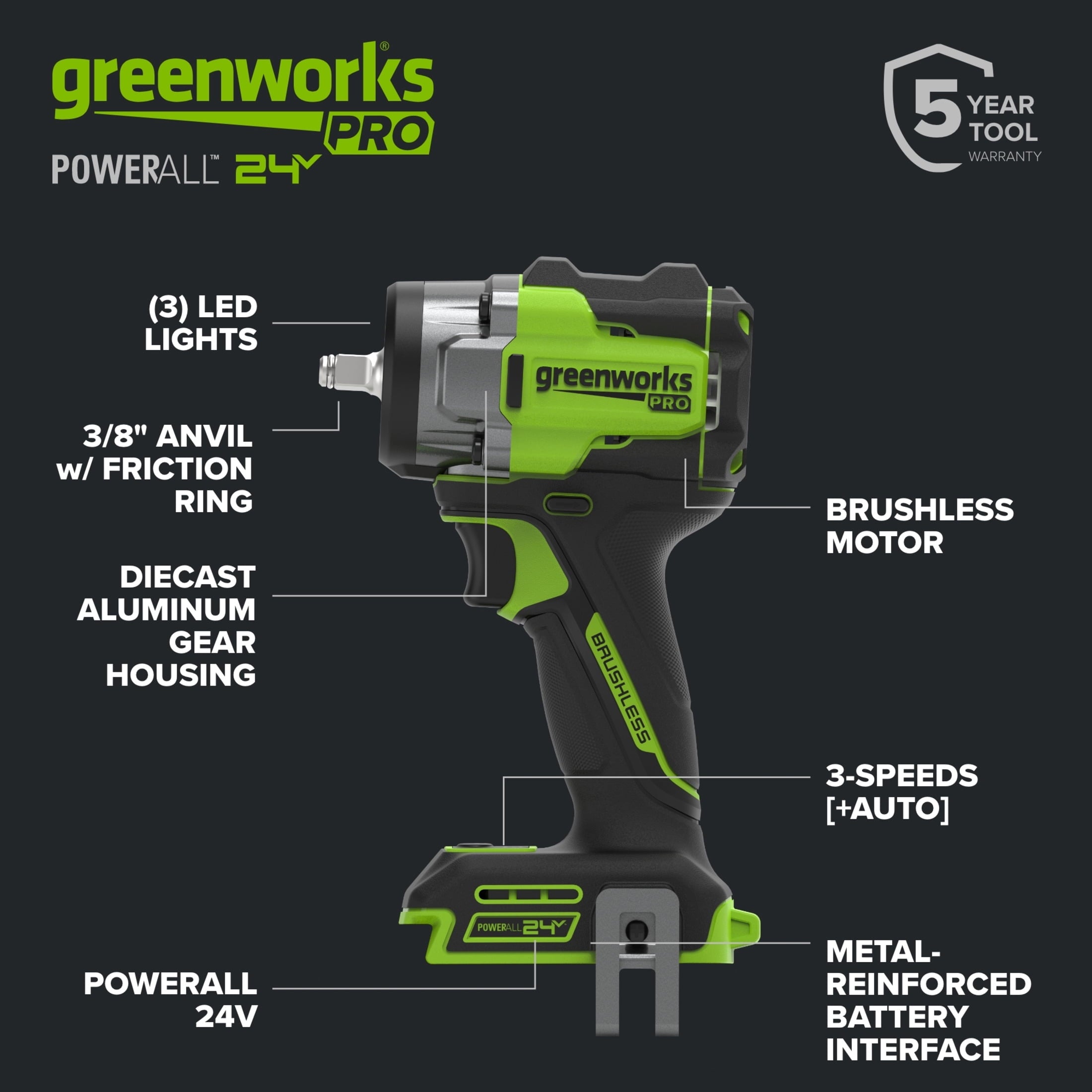 Greenworks Pro PowerAll 24V Brushless 400 ft-lb Breakaway Torque 3/8 Impact Wrench, Tool Only, IW5370A1