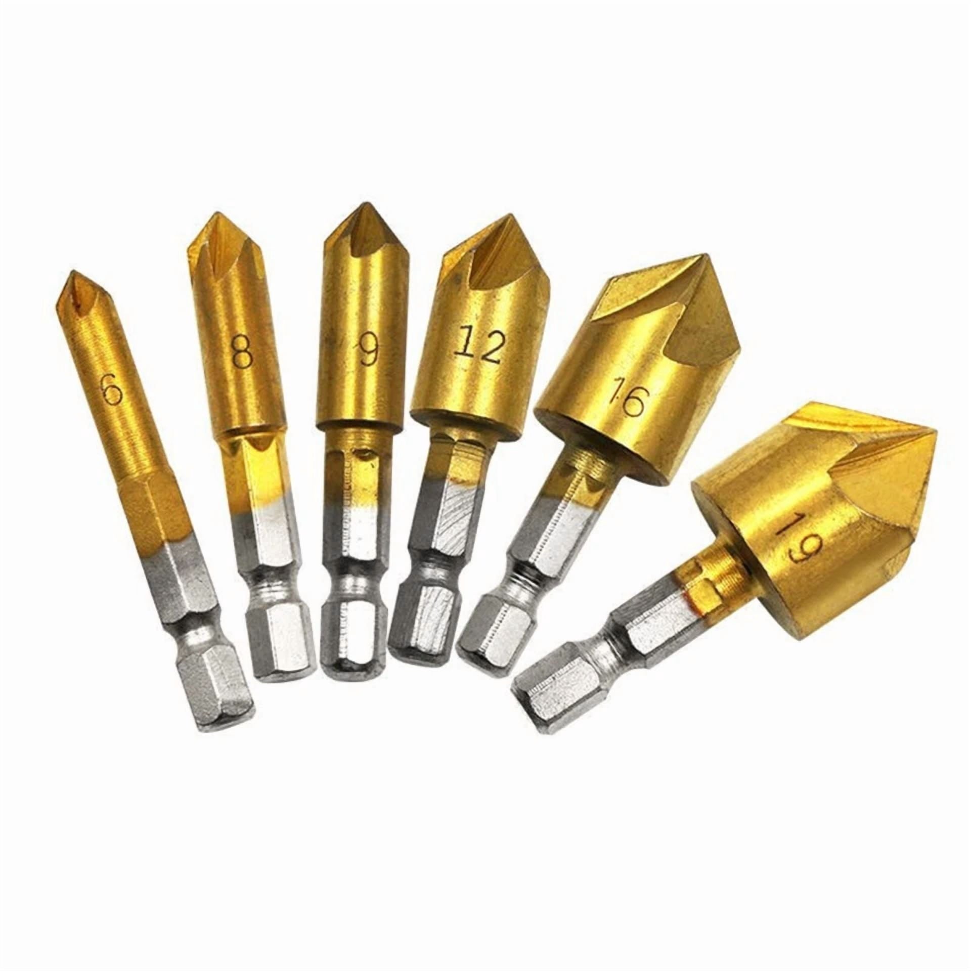 6Pcs Countersink Drill Bit Set 5 Flute 90° Counter Sink Chamfer Cutter 6Mm-19Mm
