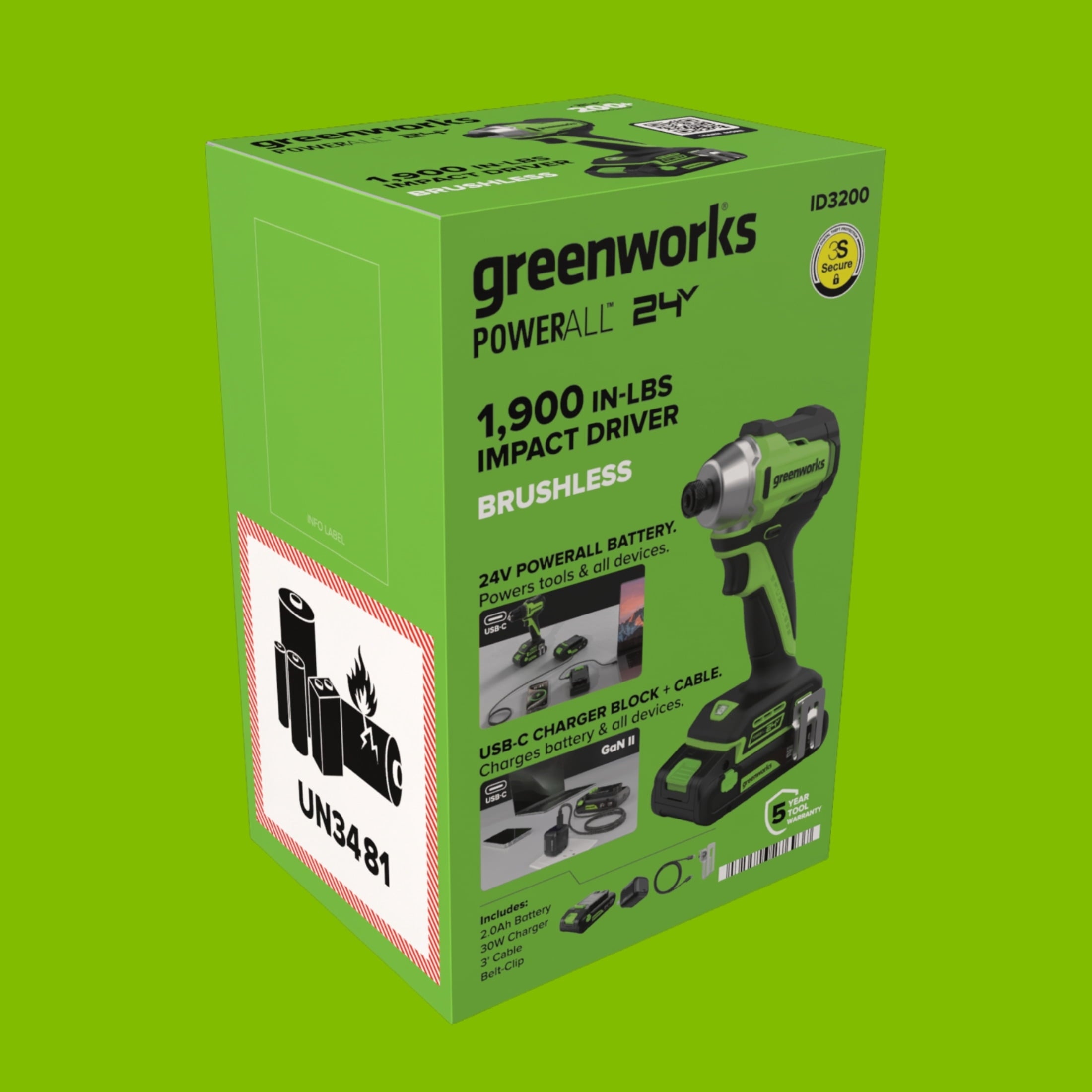 Greenworks PowerAll 24V Brushless 1,900 In-Lb Impact Driver, with 2.0 Ah USB-C Battery, 30W USB-C Charger Block, 3' 100W USB-C Cable, ID3200A1
