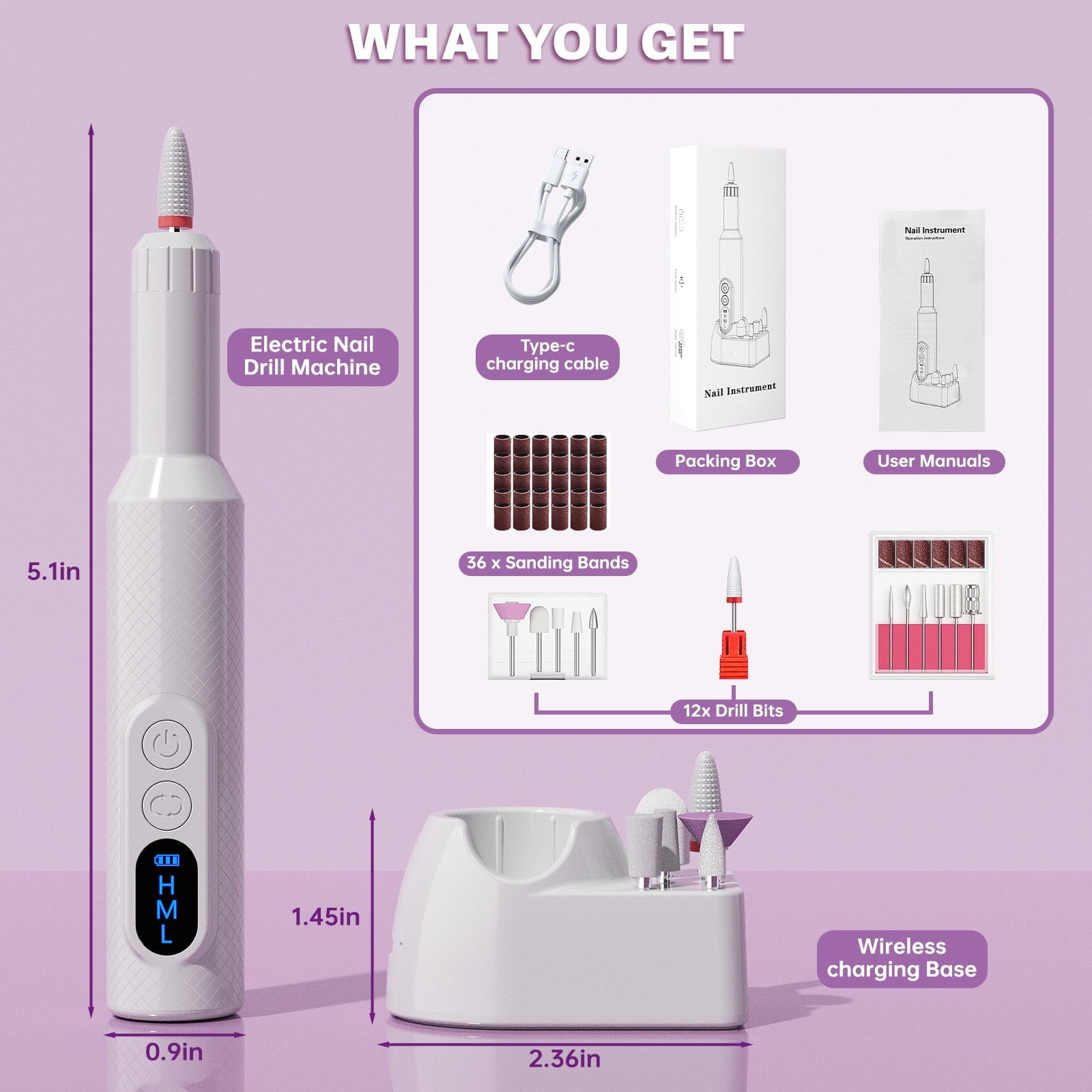 CshidWorld Electric Nail Drill, Cordless Nail File Kit, Portable Manicure Pedicure Tool with 12 Drill Bits & Wireless Charging Base for Acrylic Gel Nails Polishing Removal