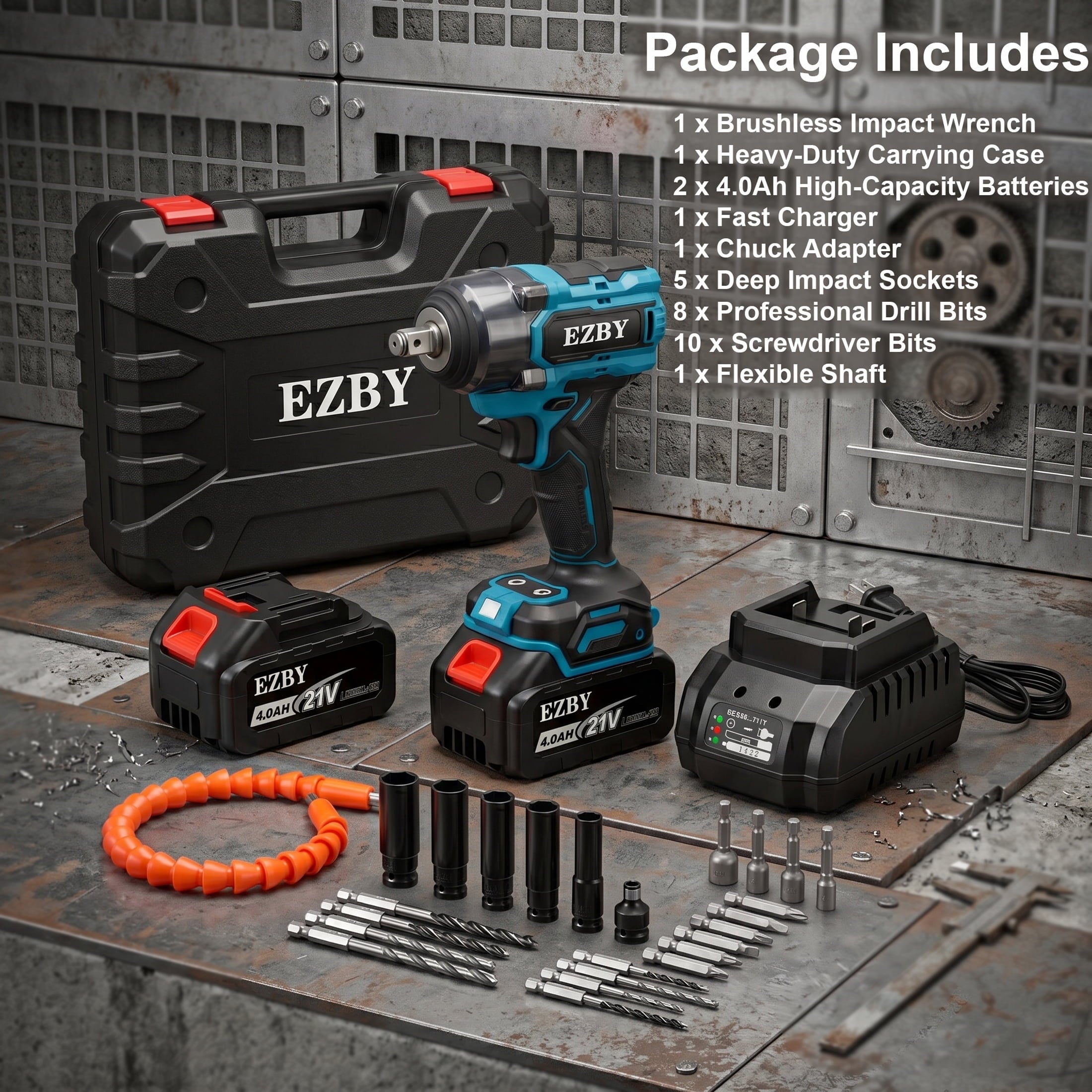 EZBY Cordless Impact Wrench Kit, 664 FT-lbs(900N.m) Max Torque, 1/2 Heavy-Duty Brushless Motor, 21V Electric Impact Gun & Driver Tool Set with 2x 4.0Ah Batteries for Car Home Repair