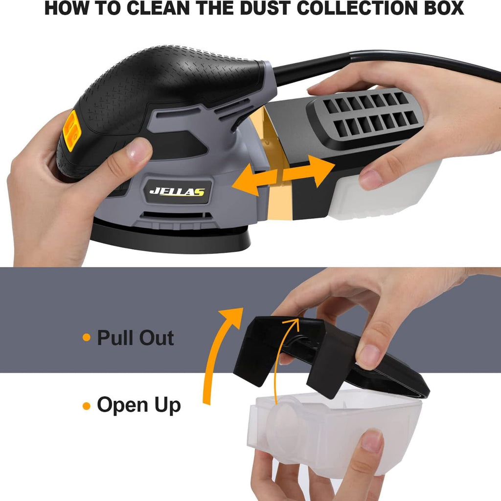 JELLAS Electric Detail Sander, 220W Compact Sander Machine for Wood, 13,000 RPM Sanders with Dust Collection, 16PCS Sandpapers, Finger Sanding Attachment and Sanding Pad Included