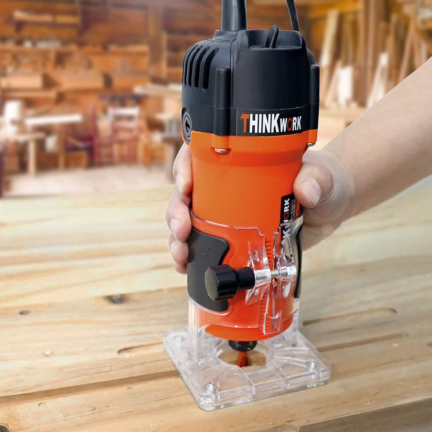 THINKWORK Compact Wood Router | 6.5-Amp 1.25HP Palm Router with 15-Piece 1/4 Router Bits Set & Accessories | 30000 RPM for Wood Trimming, DIY & Professional Projects
