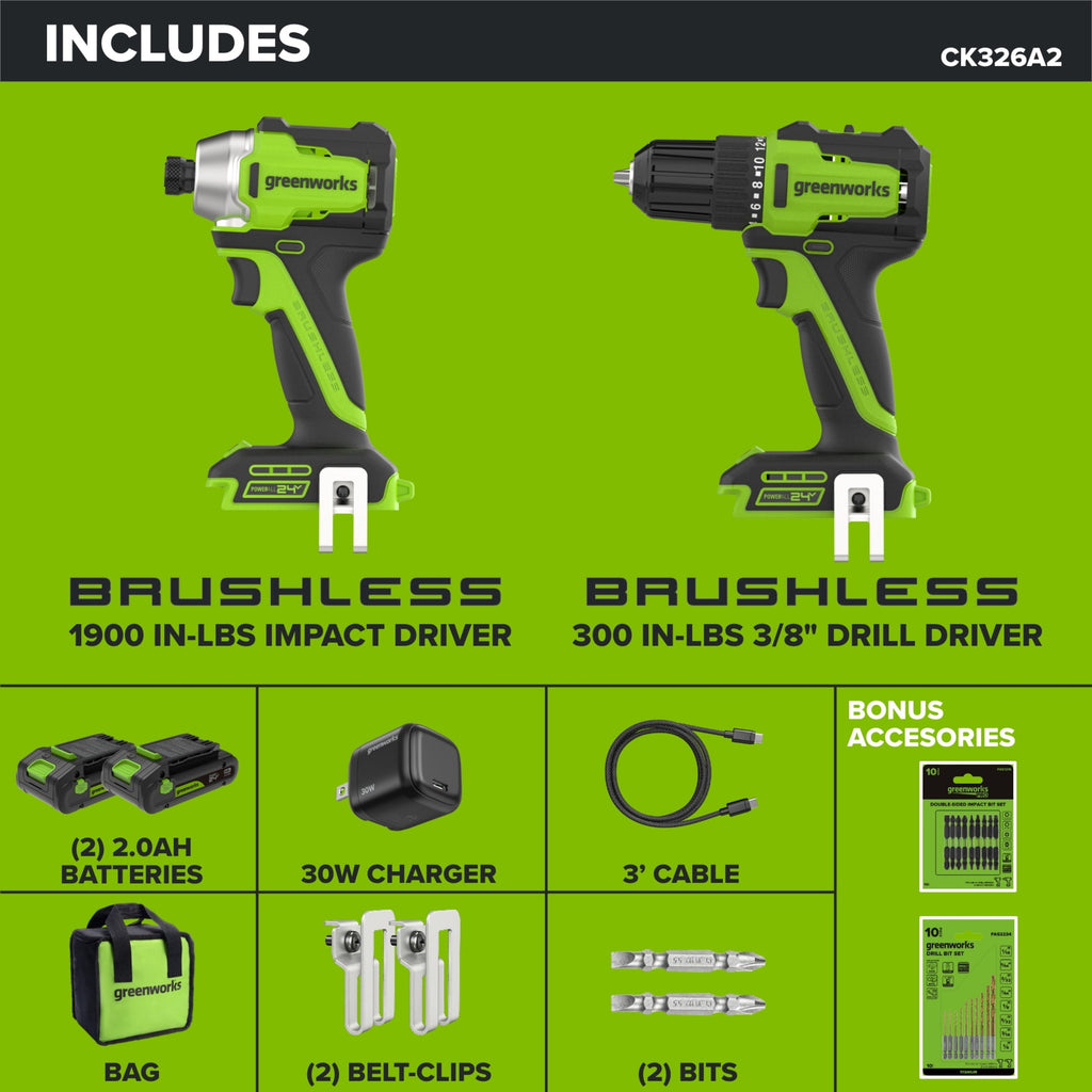 Greenworks PowerAll 24V Brushless 300 in-lbs Drill Driver + Impact Driver, (2) 2Ah Batteries, 30W Charger and Cable, 2 Belt Clips and 2 bits and Bag, CK326A2