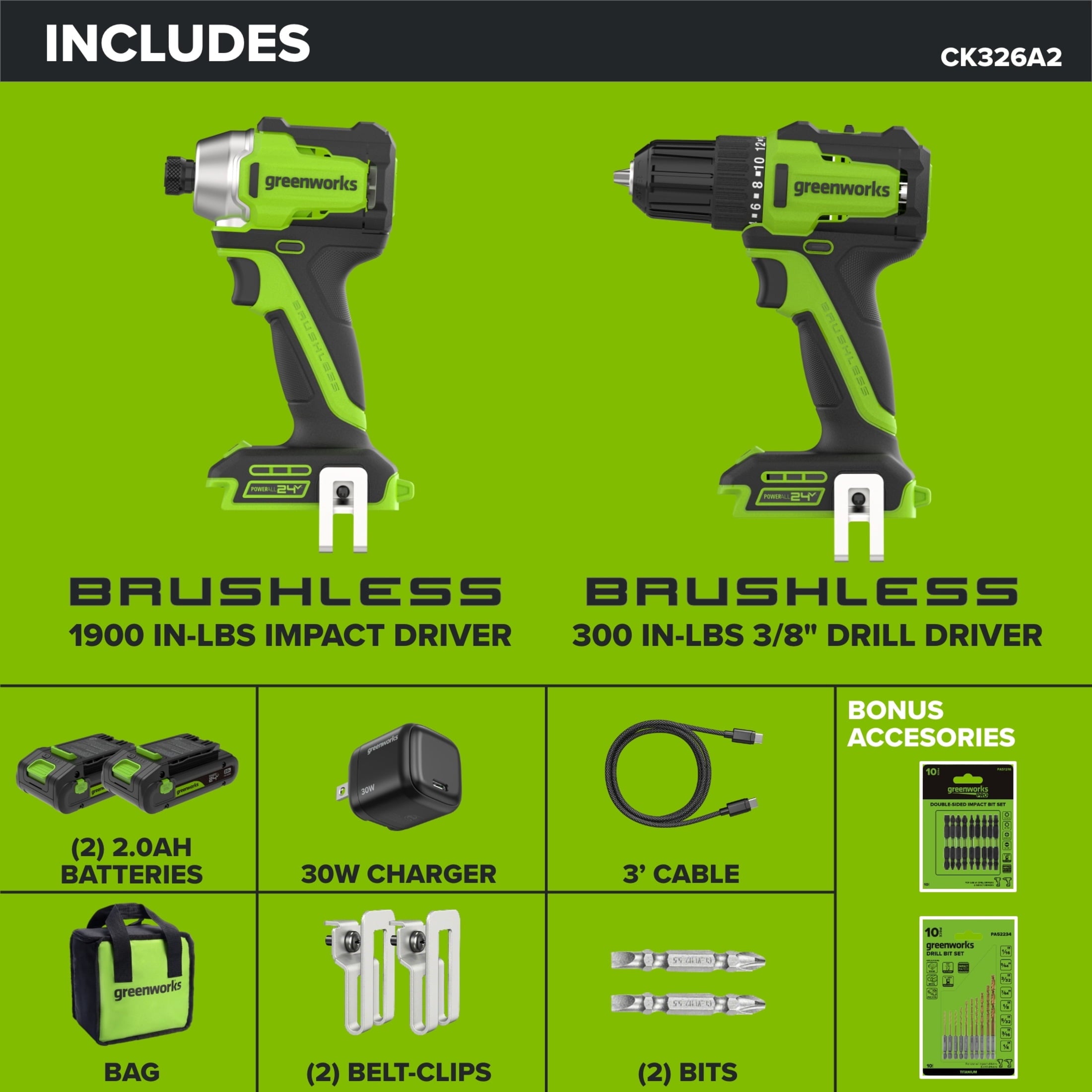Greenworks PowerAll 24V Brushless 300 in-lbs Drill Driver + Impact Driver, (2) 2Ah Batteries, 30W Charger and Cable, 2 Belt Clips and 2 bits and Bag, CK326A2