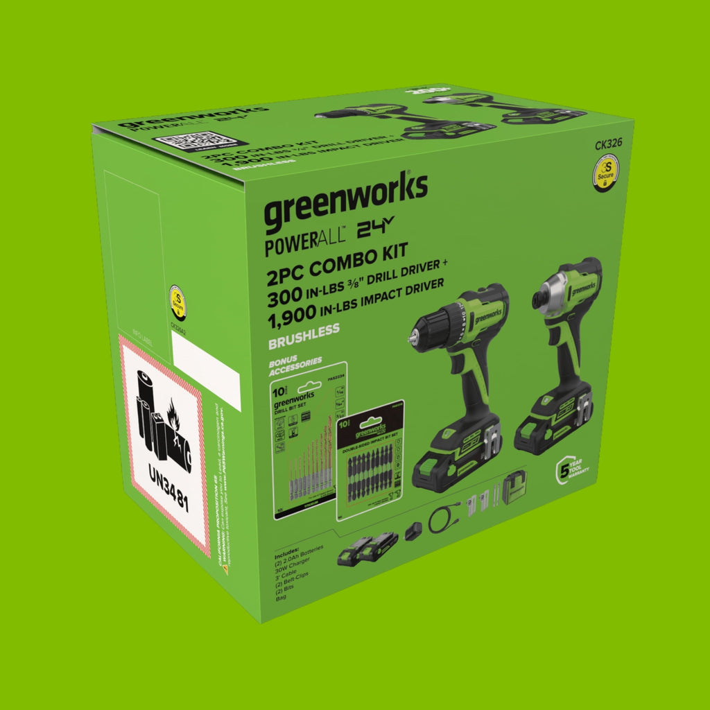 Greenworks PowerAll 24V Brushless 300 in-lbs Drill Driver + Impact Driver, (2) 2Ah Batteries, 30W Charger and Cable, 2 Belt Clips and 2 bits and Bag, CK326A2