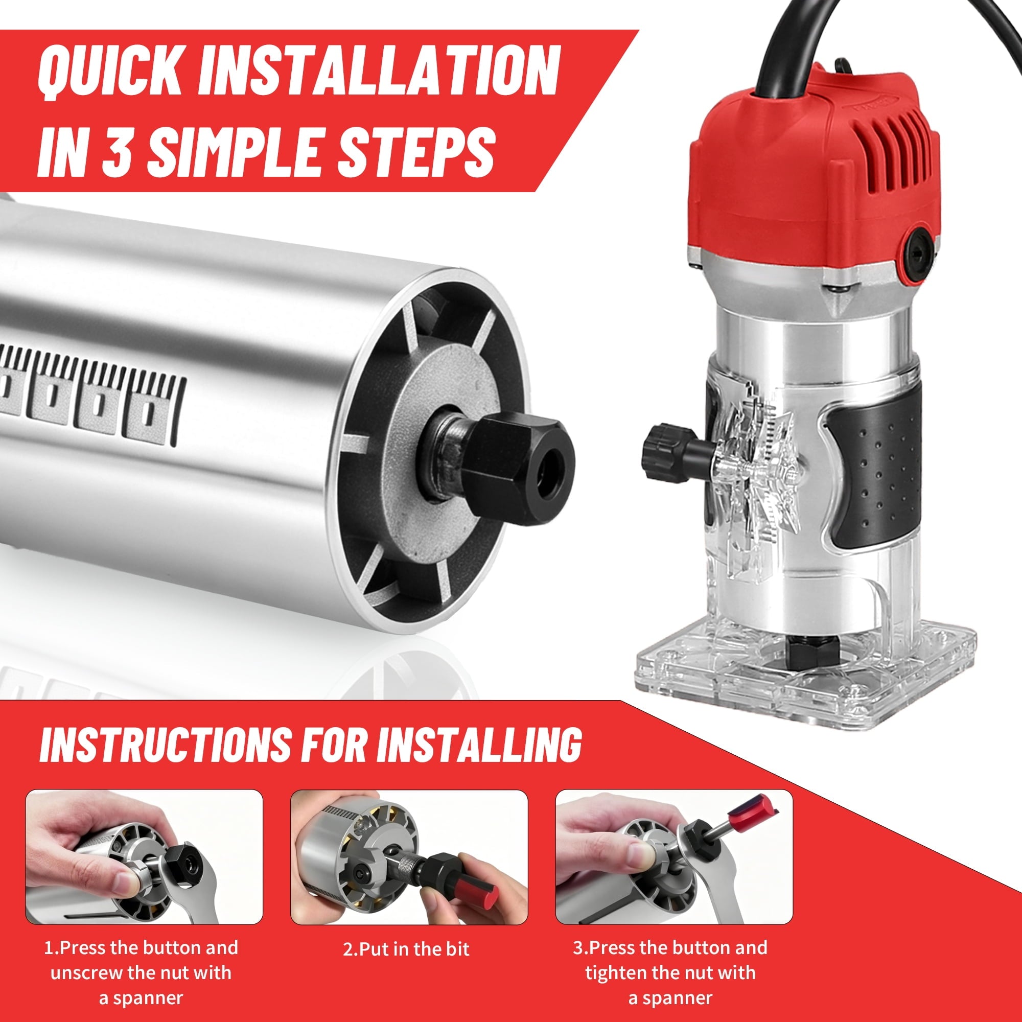 Gewna 800W Compact Wood Router with 1/4 Collet,30000 Rpm , Includes 15 Pcs Bits ,for Trimming, Grooving and Woodworking,Red