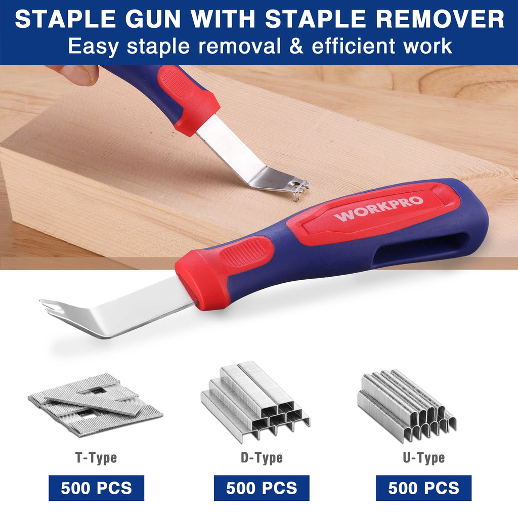 WORKPRO 3-in-1 Staple Gun Kit with 1500 Staples & Remover, Compatible with T50, U-Type, Brad Nails – Heavy Duty Manual Stapler for Upholstery & DIY