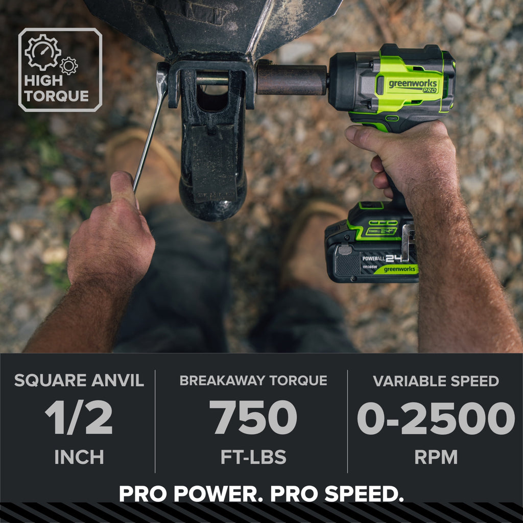 Greenworks Pro PowerAll 24V Brushless 1/2 750 lbs Breaking Impact Wrench, Tool Only, IW5800A3