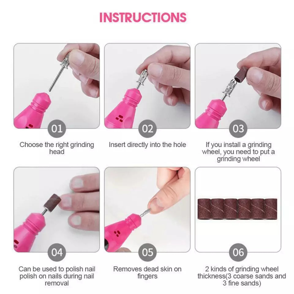 Electric Drill Nail File Acrylic Art Bits Manicure Pedicure Portable Machine Kit