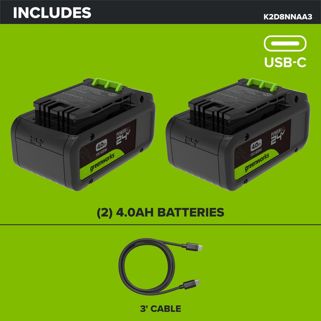 Greenworks PowerAll 24V Battery 2-Pack, (2) 4.0Ah Battery and Cable, K2D8NNAA3
