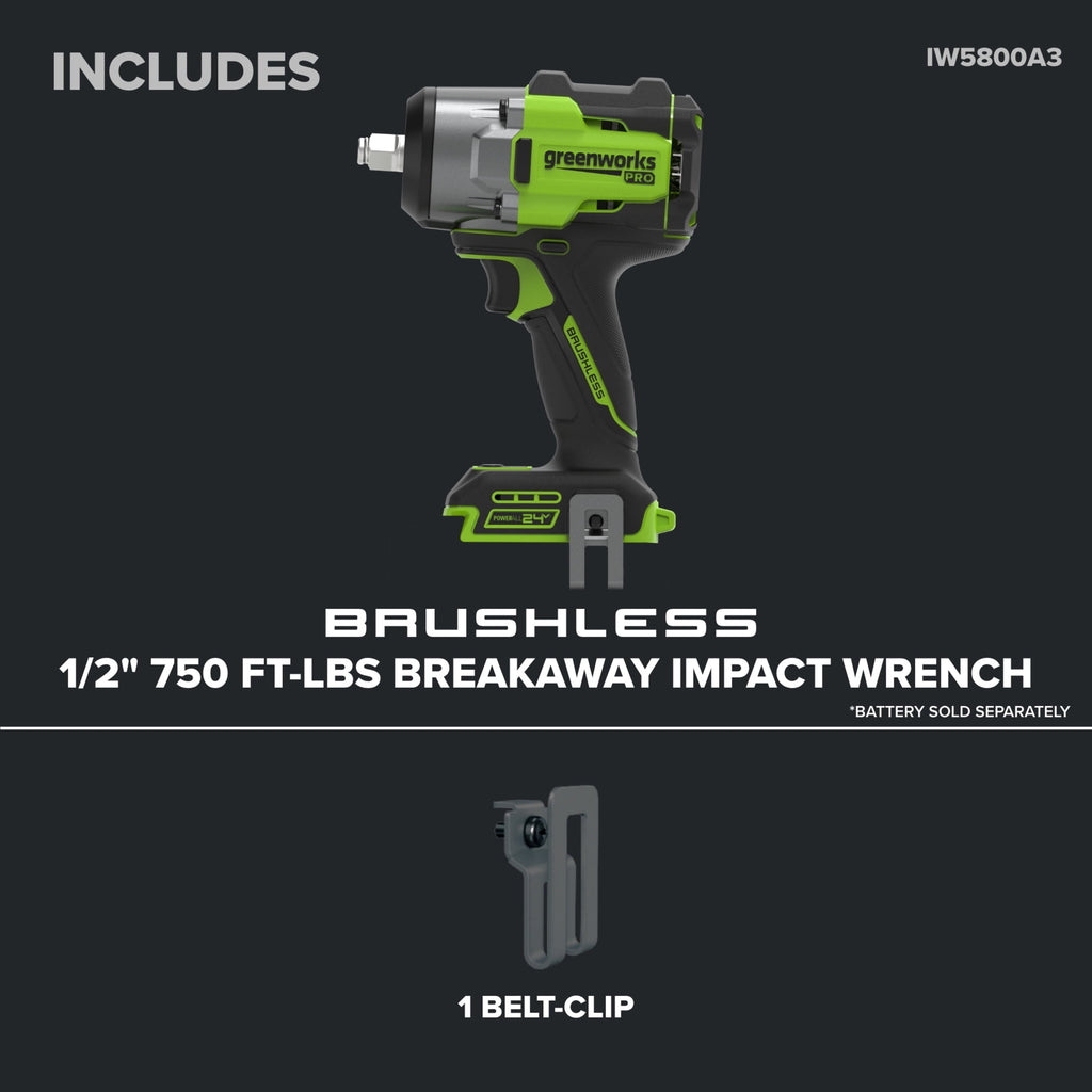 Greenworks Pro PowerAll 24V Brushless 1/2 750 lbs Breaking Impact Wrench, Tool Only, IW5800A3