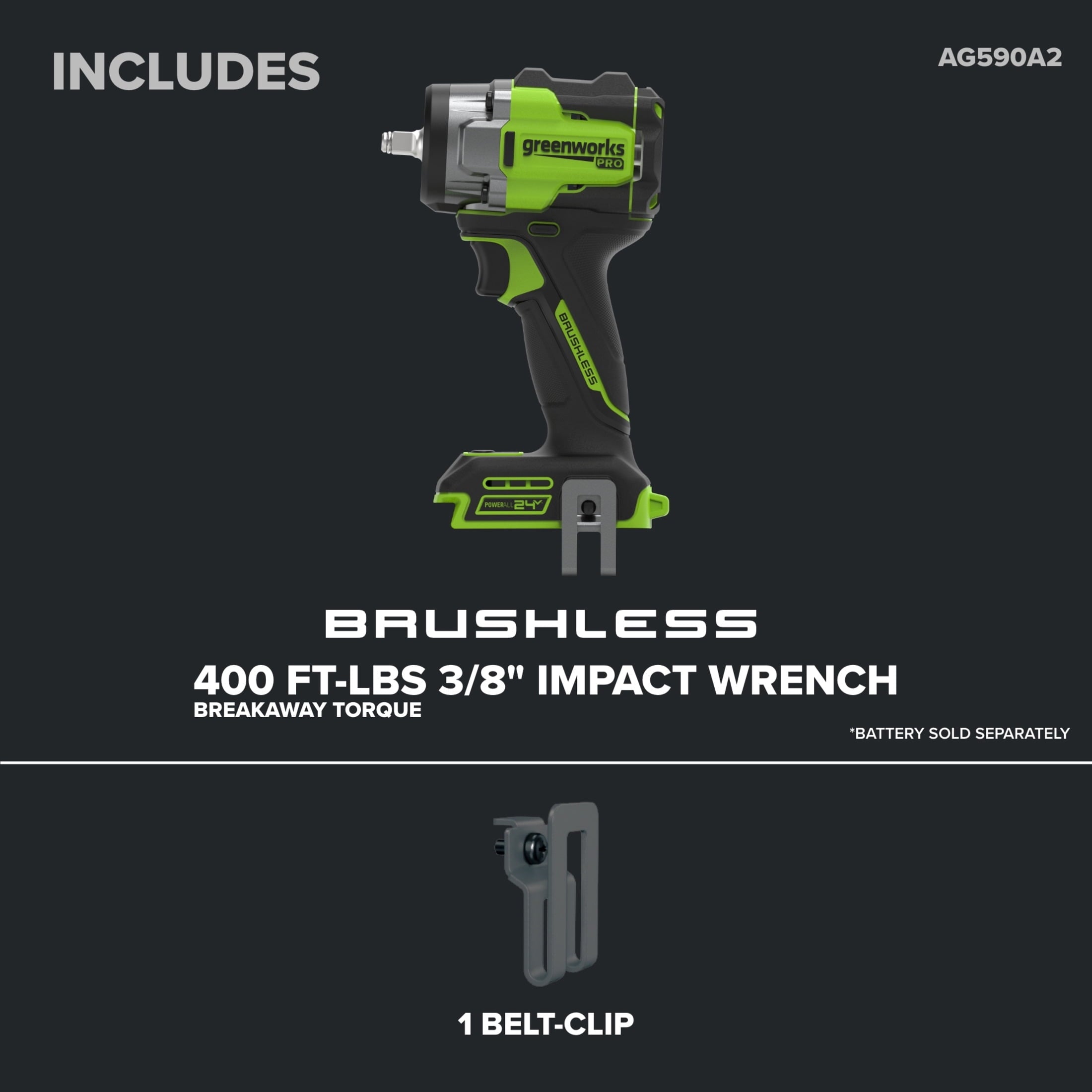 Greenworks Pro PowerAll 24V Brushless 400 ft-lb Breakaway Torque 3/8 Impact Wrench, Tool Only, IW5370A1