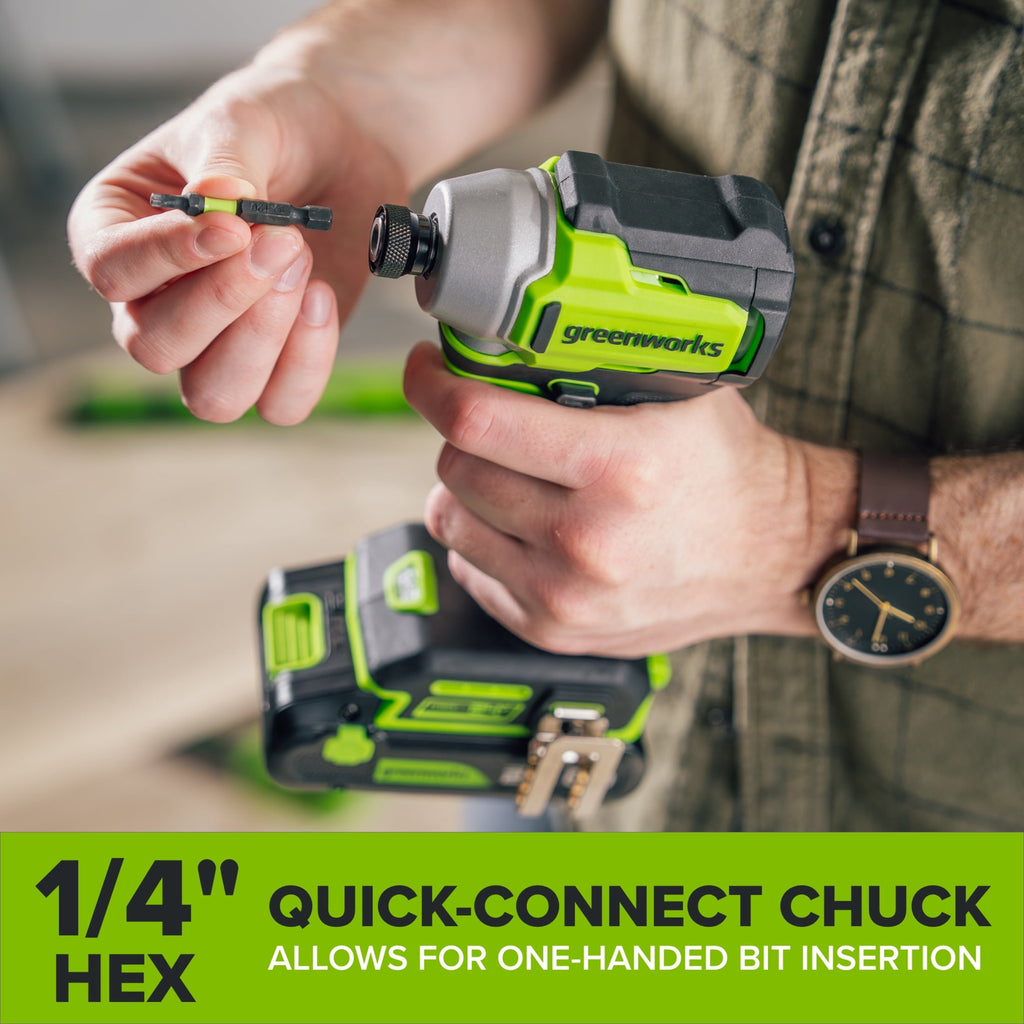 Greenworks PowerAll 24V Brushless 300 in-lbs Drill Driver + Impact Driver, (2) 2Ah Batteries, 30W Charger and Cable, 2 Belt Clips and 2 bits and Bag, CK326A2