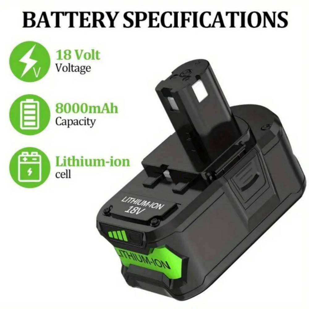 2Pack 8.0Ah 18 Volt Replacement for Ryobi 18V Battery ONE+ Plus Li-ion P108 P102 P103 P104 P105 P107 P109 P122 PBP005 PBP004 PBP003 PBP002 RB18L50 BPL1820 Cordless Power Tools with LED Indicator