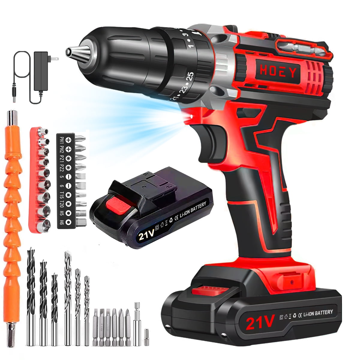21V Cordless Drill Set,Electric Power Drill 34Pcs with 3/8 Inch Keyless Chuck, 25+3 Clutch Compact Driver Drill with Work Light, Max torque 45Nm, 2-Variable Speed & Battery and Fast Charger