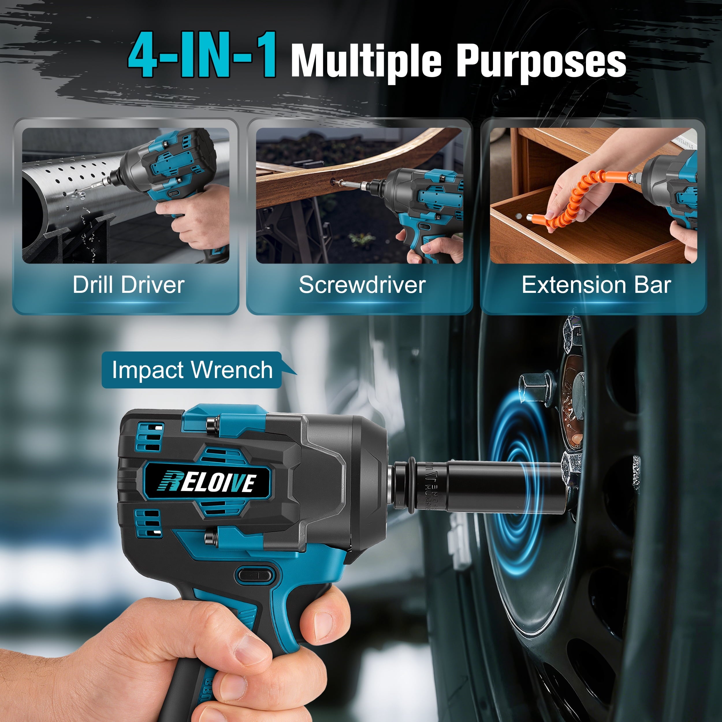 RELOIVE Cordless Impact Wrench Kit,663.8 FT-lbs(900N.m) Max Torque,1/2 Heavy-Duty Brushless Motor,4-IN-1 Electric Impact Driver,2 x 4.0Ah Batteries for Car Home Repair