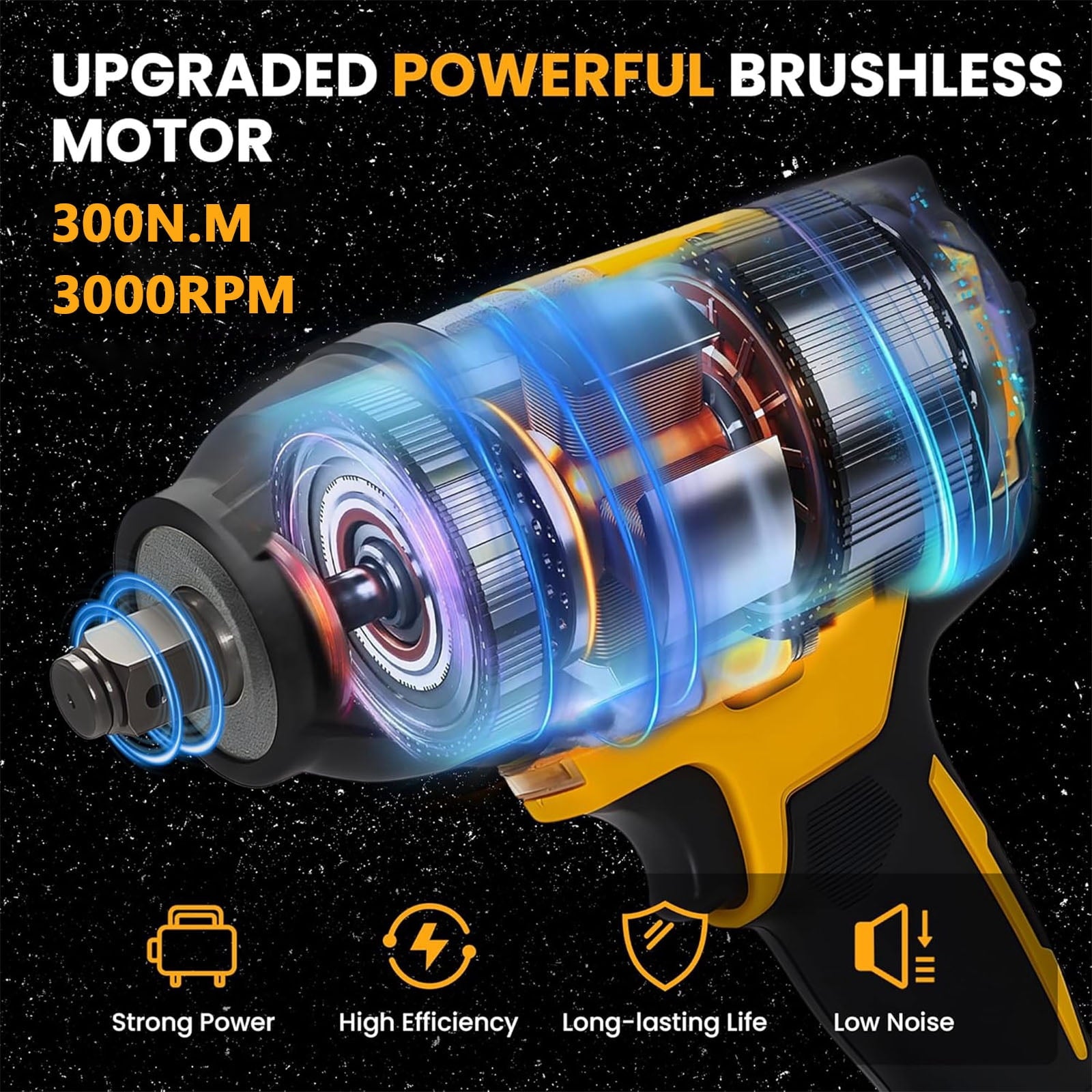 Gijjgole Cordless Impact Wrench, (300N.m) Brushless 1/2 inch Impact Gun, 3000RPM High Torque Impact Gun with 6.0 Ah Battery, Charger, 4 Sockets, Electric Impact Wrench for Car Home