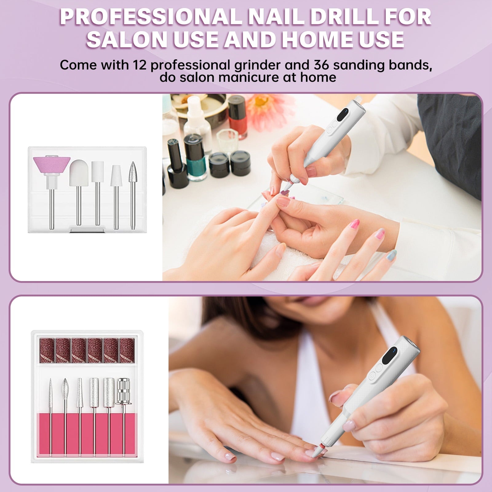 CshidWorld Electric Nail Drill, Cordless Nail File Kit, Portable Manicure Pedicure Tool with 12 Drill Bits & Wireless Charging Base for Acrylic Gel Nails Polishing Removal