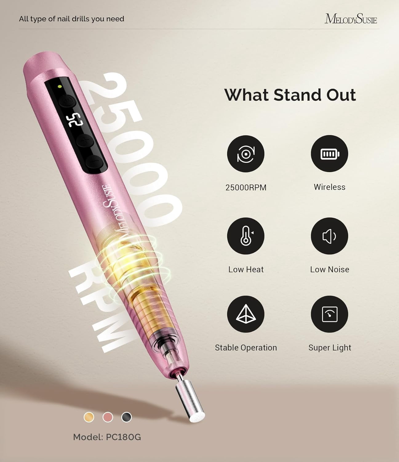 MelodySusie Cordless Portable Nail Drill, 25,000 RPM PC180G Rechargeable Nail E-file Kit, with Drill Bits & Sanding Bands, Pink