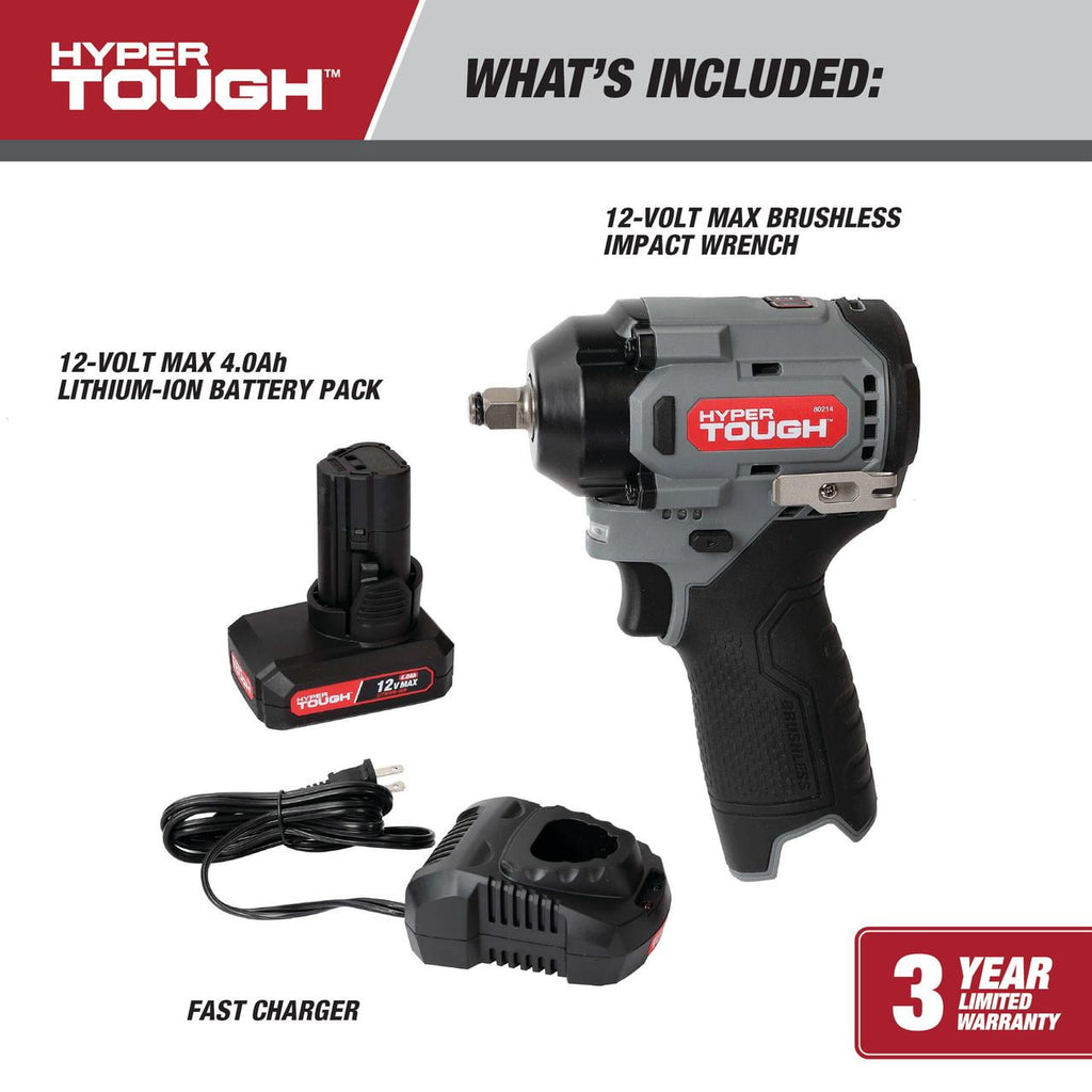 Hyper Tough 12V Max Cordless Brushless Impact Wrench with 4.0Ah Lithium-Ion Battery and Charger, 225 ft-lbs Torque