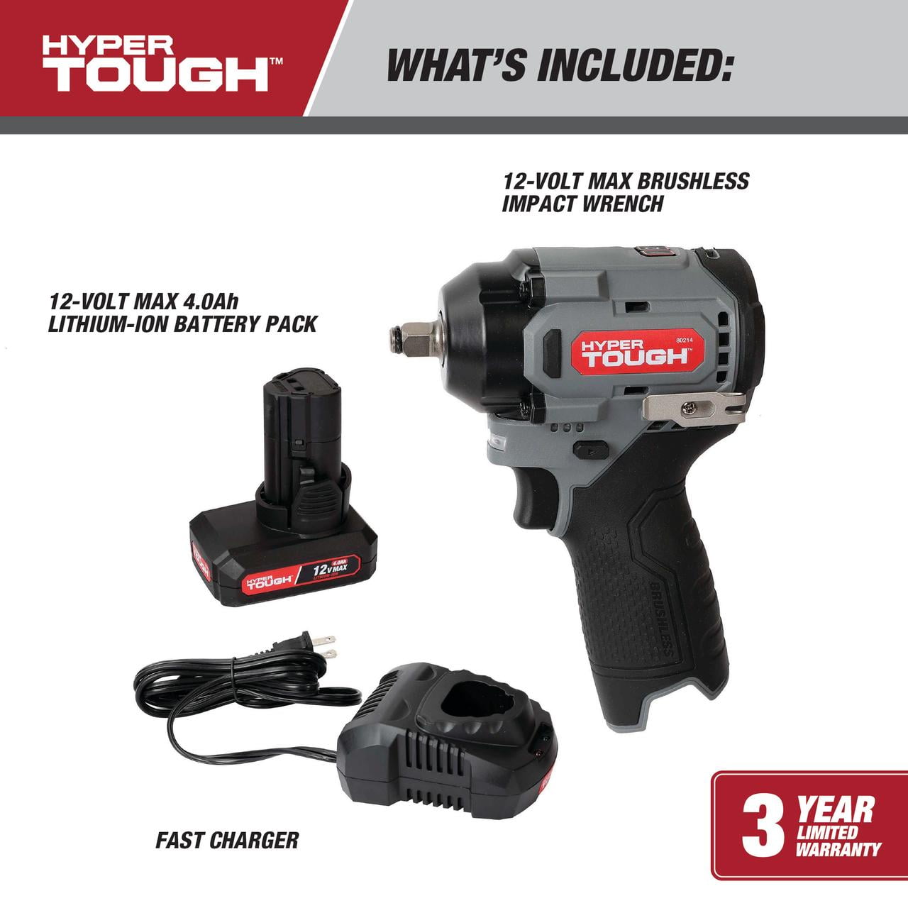 Hyper Tough 12V Max Cordless Brushless Impact Wrench with 4.0Ah Lithium-Ion Battery and Charger, 225 ft-lbs Torque