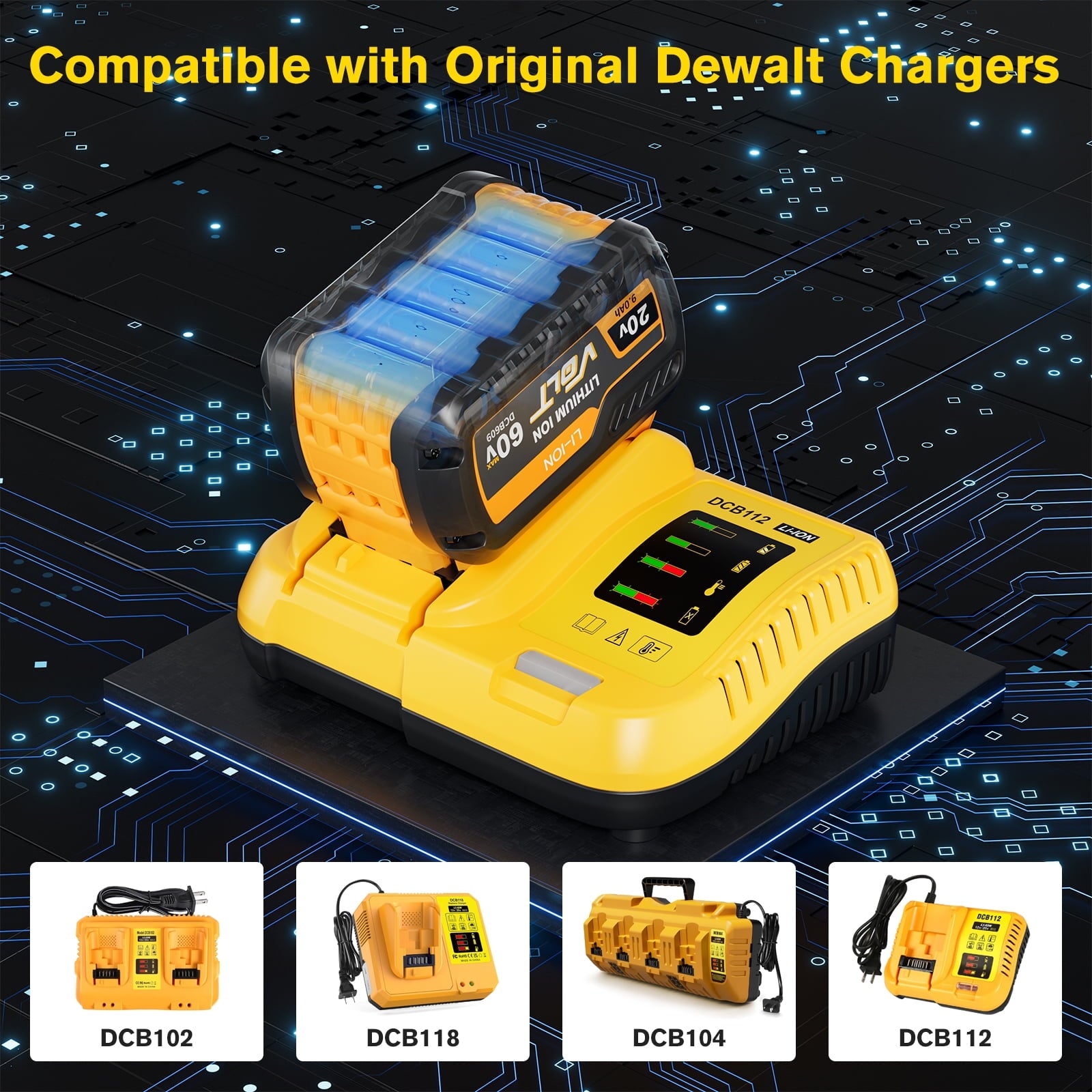 2 Pack 20v/60v 9Ah DCB606-2 DCB609-2 Battery for Dewalt 20v 60v Max 9Ah DCB609 6Ah DCB606 Flexvolt Battery 20V Max XR 8Ah DCB208-2 6Ah DCB206-2 5Ah DCB205-2 4Ah  Lithium-ion Battery with 1 Charger