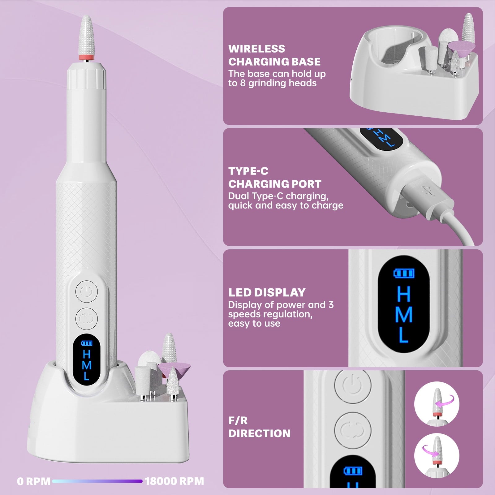 CshidWorld Electric Nail Drill, Cordless Nail File Kit, Portable Manicure Pedicure Tool with 12 Drill Bits & Wireless Charging Base for Acrylic Gel Nails Polishing Removal