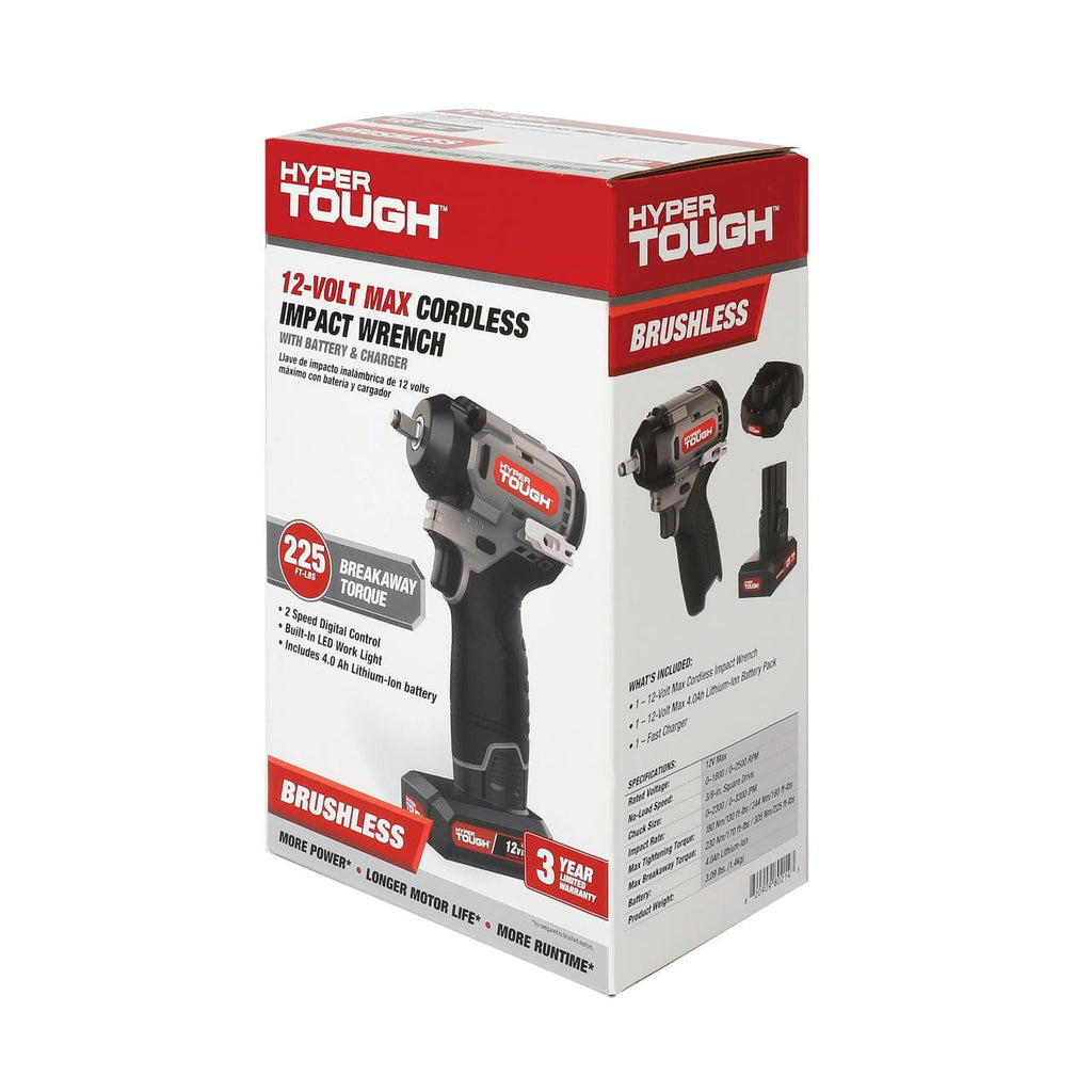 Hyper Tough 12V Max Cordless Brushless Impact Wrench with 4.0Ah Lithium-Ion Battery and Charger, 225 ft-lbs Torque