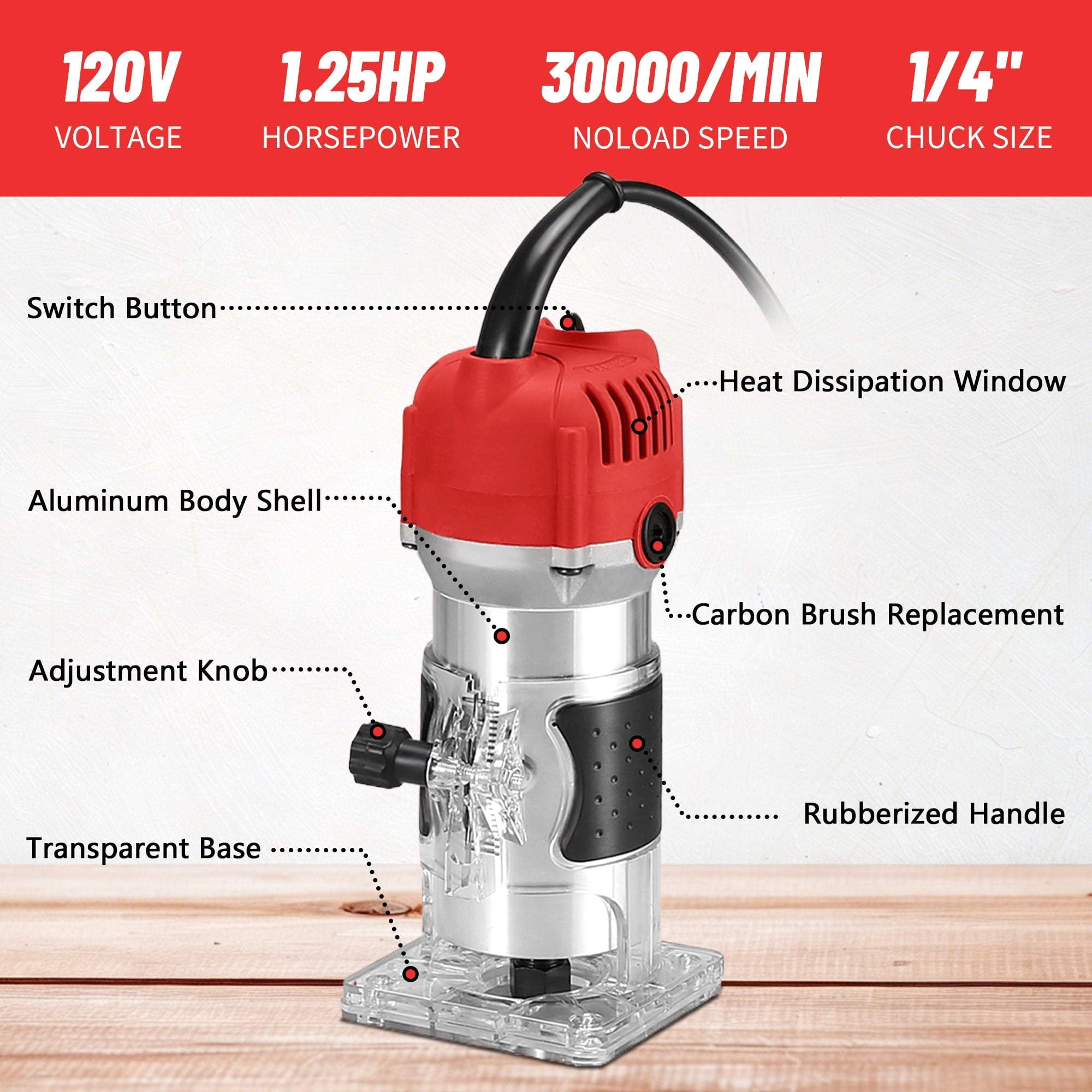 Gewna 800W Compact Wood Router with 1/4 Collet,30000 Rpm , Includes 15 Pcs Bits ,for Trimming, Grooving and Woodworking,Red