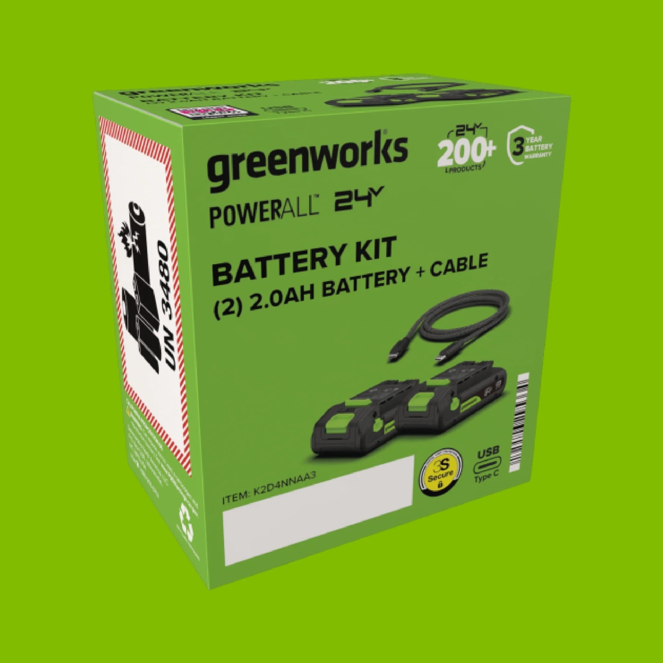 Greenworks PowerAll 24V Battery 2-Pack with 2.0 Ah Batteries with Cable, K2D4NNAA3