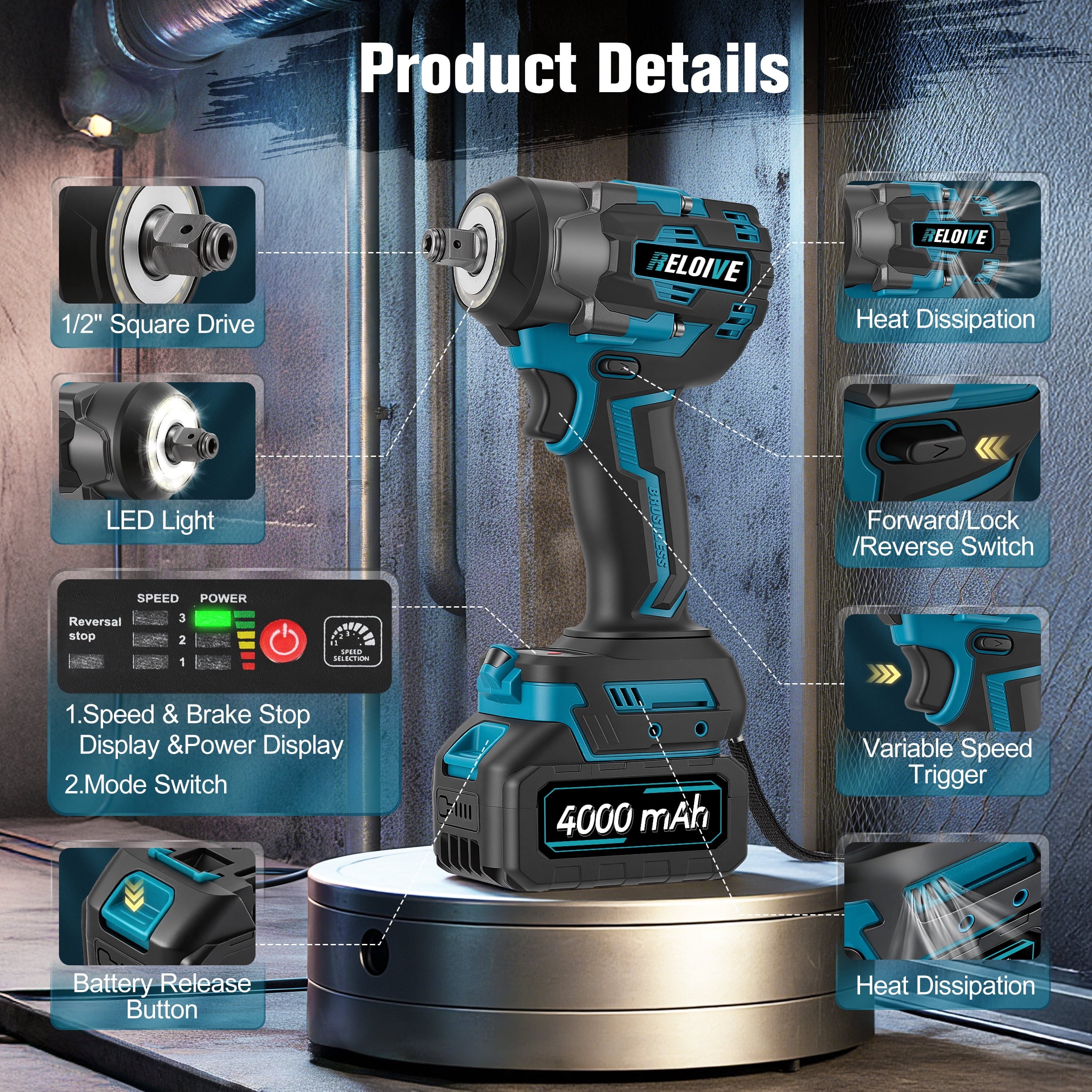 RELOIVE Cordless Impact Wrench Kit,663.8 FT-lbs(900N.m) Max Torque,1/2 Heavy-Duty Brushless Motor,4-IN-1 Electric Impact Driver,2 x 4.0Ah Batteries for Car Home Repair