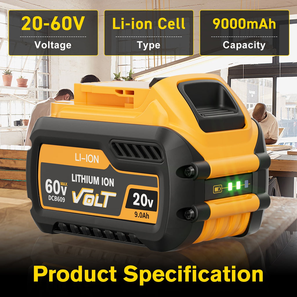 2 Pack 20v/60v 9Ah DCB606-2 DCB609-2 Battery for Dewalt 20v 60v Max 9Ah DCB609 6Ah DCB606 Flexvolt Battery 20V Max XR 8Ah DCB208-2 6Ah DCB206-2 5Ah DCB205-2 4Ah  Lithium-ion Battery with 1 Charger